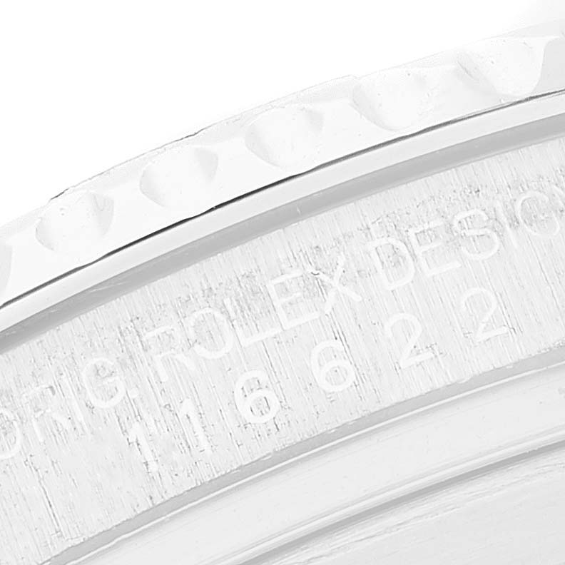 The image shows a close-up of the model number engraving on the bezel and rim of a Rolex Yacht-Master 116622 Men
s Stainless Steel Grey Dial 116622 Men
s Stainless Steel Grey Dial watch.