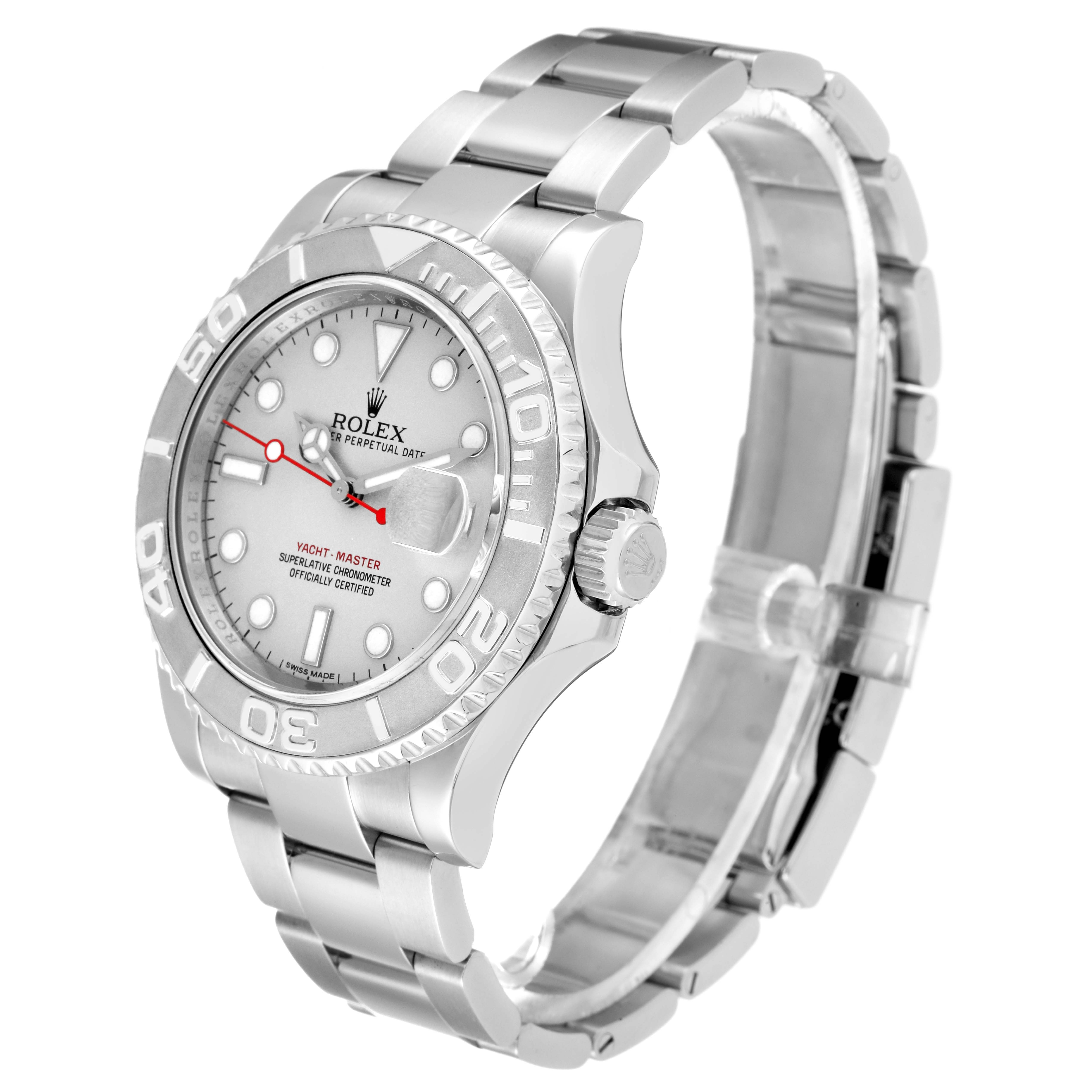 The image shows a side-angle view of a Rolex Yacht-Master 116622 Men
s Stainless Steel Grey Dial 116622 Men
s Stainless Steel Grey Dial watch, highlighting the dial, bezel, crown, and bracelet.