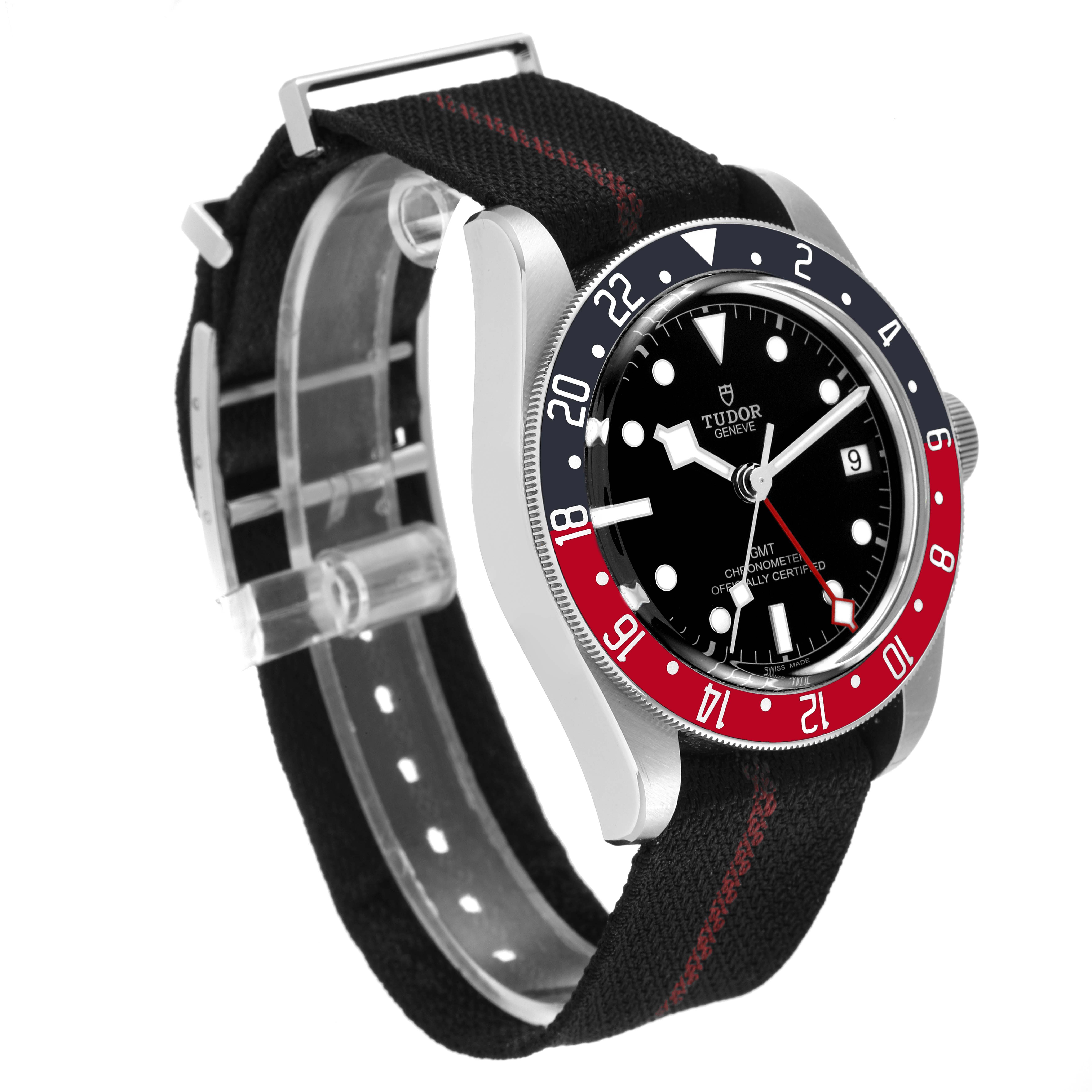 The image shows a Tudor Heritage Black Bay 79830RB Men's Stainless Steel Black Dial 79830RB Men's Stainless Steel Black Dial watch at a three-quarter angle, highlighting the dial, bezel, and NATO strap.