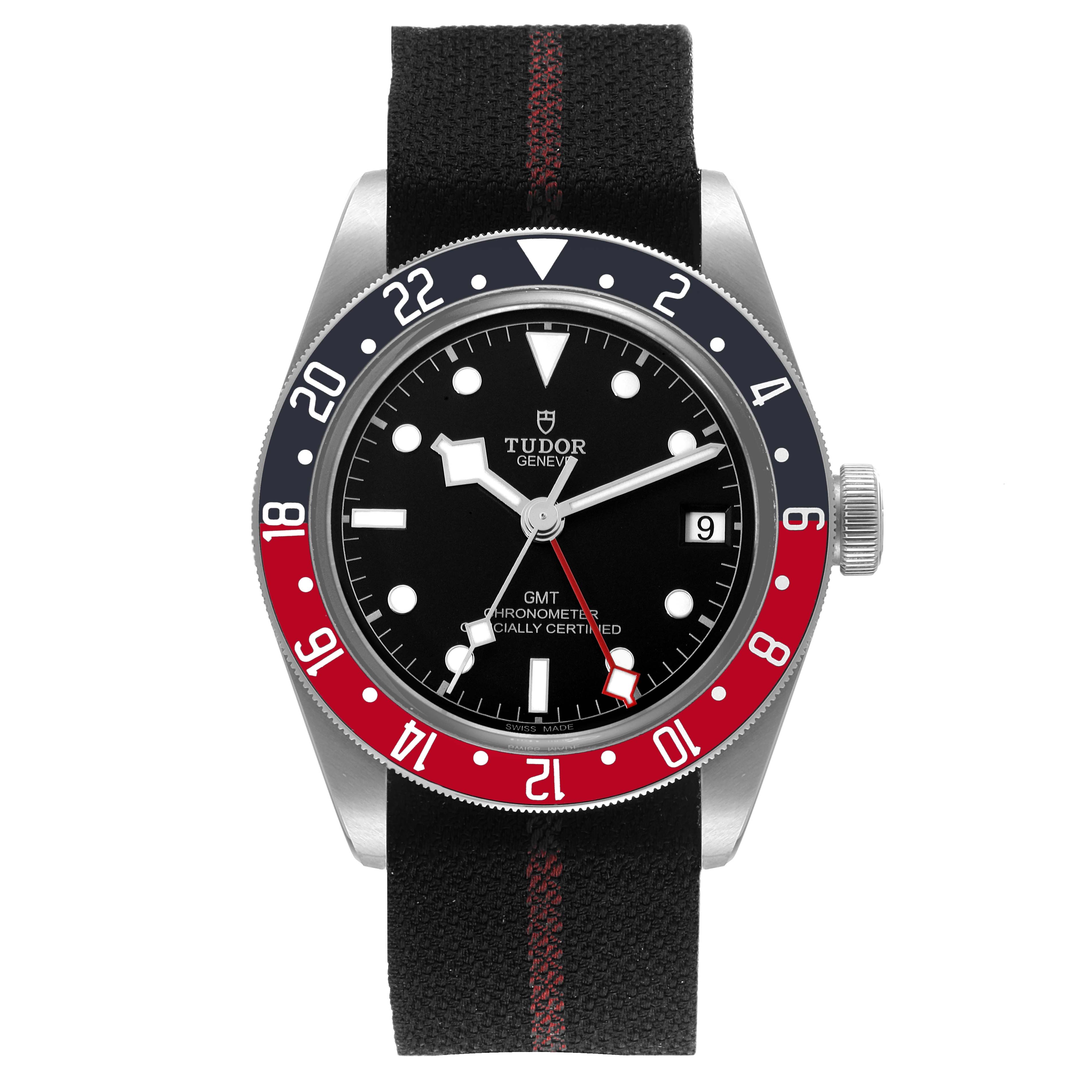 The Tudor Heritage Black Bay 79830RB Men's Stainless Steel Black Dial 79830RB Men's Stainless Steel Black Dial watch is shown from a front angle, highlighting its dial, bezel, case, and strap.