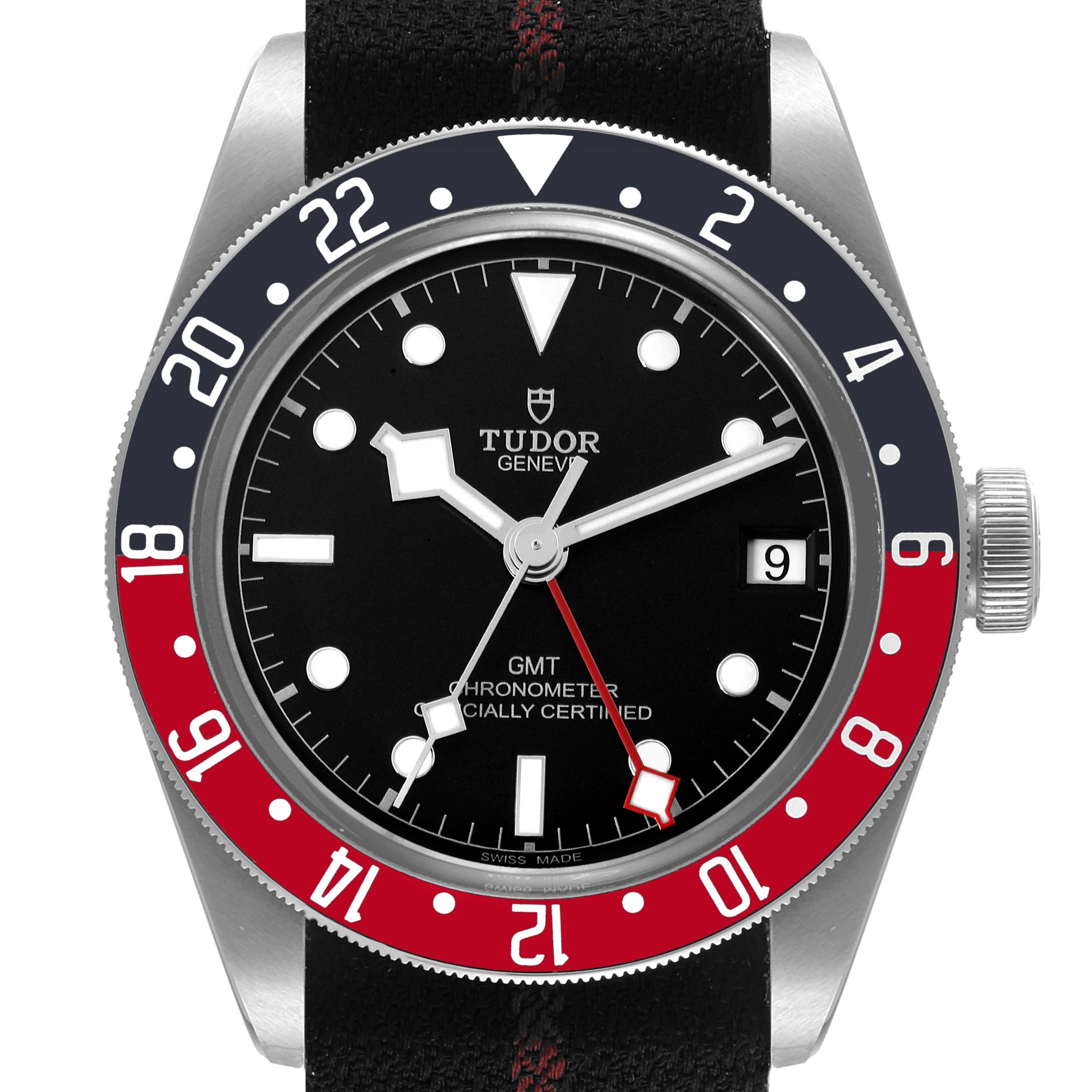 The image shows a front view of the Tudor Heritage Black Bay 79830RB Men's Stainless Steel Black Dial 79830RB Men's Stainless Steel Black Dial GMT watch, highlighting the dial, bezel, crown, and strap.