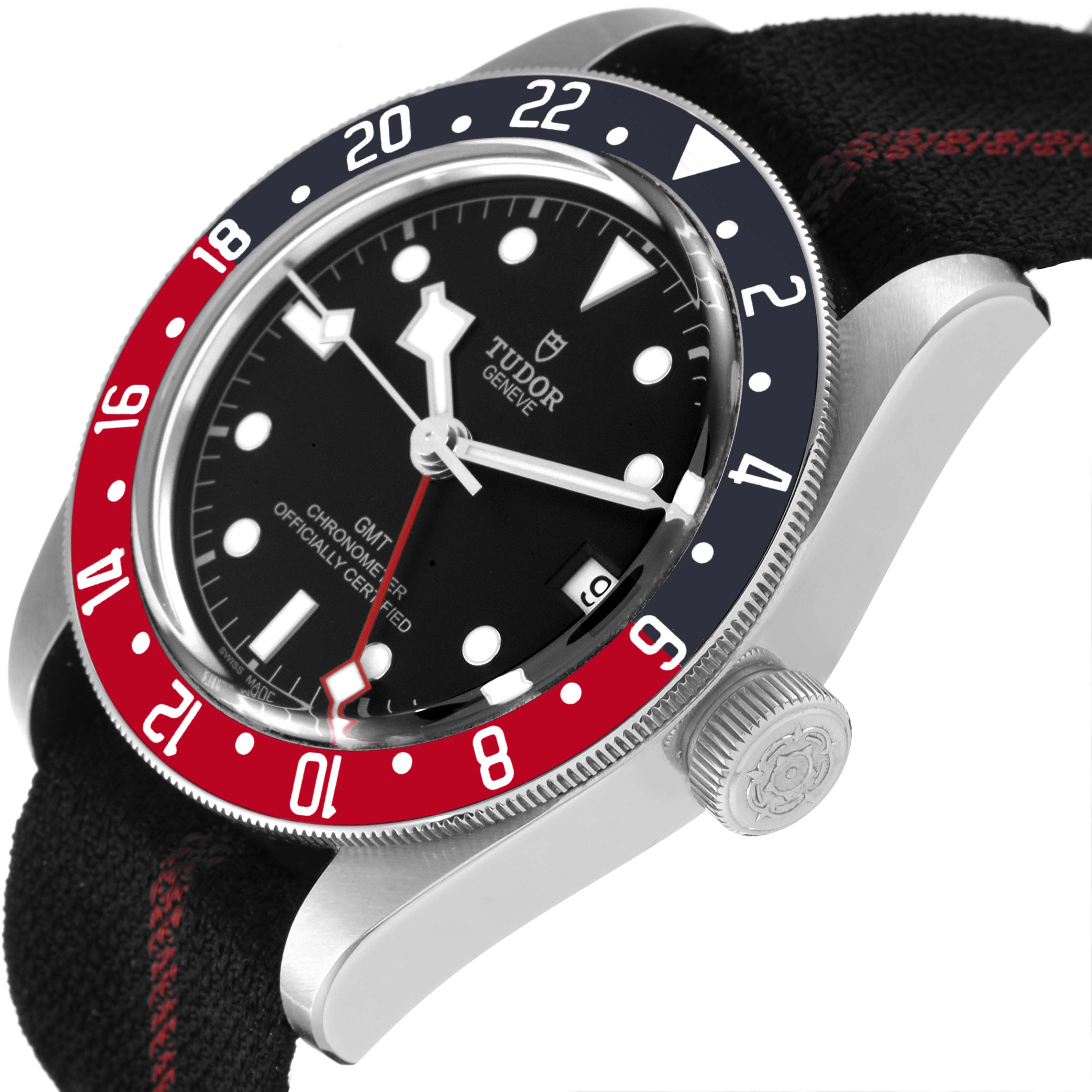 The image shows a side angle of the Tudor Heritage Black Bay 79830RB Men's Stainless Steel Black Dial 79830RB Men's Stainless Steel Black Dial watch, highlighting the dial, bezel, and crown.