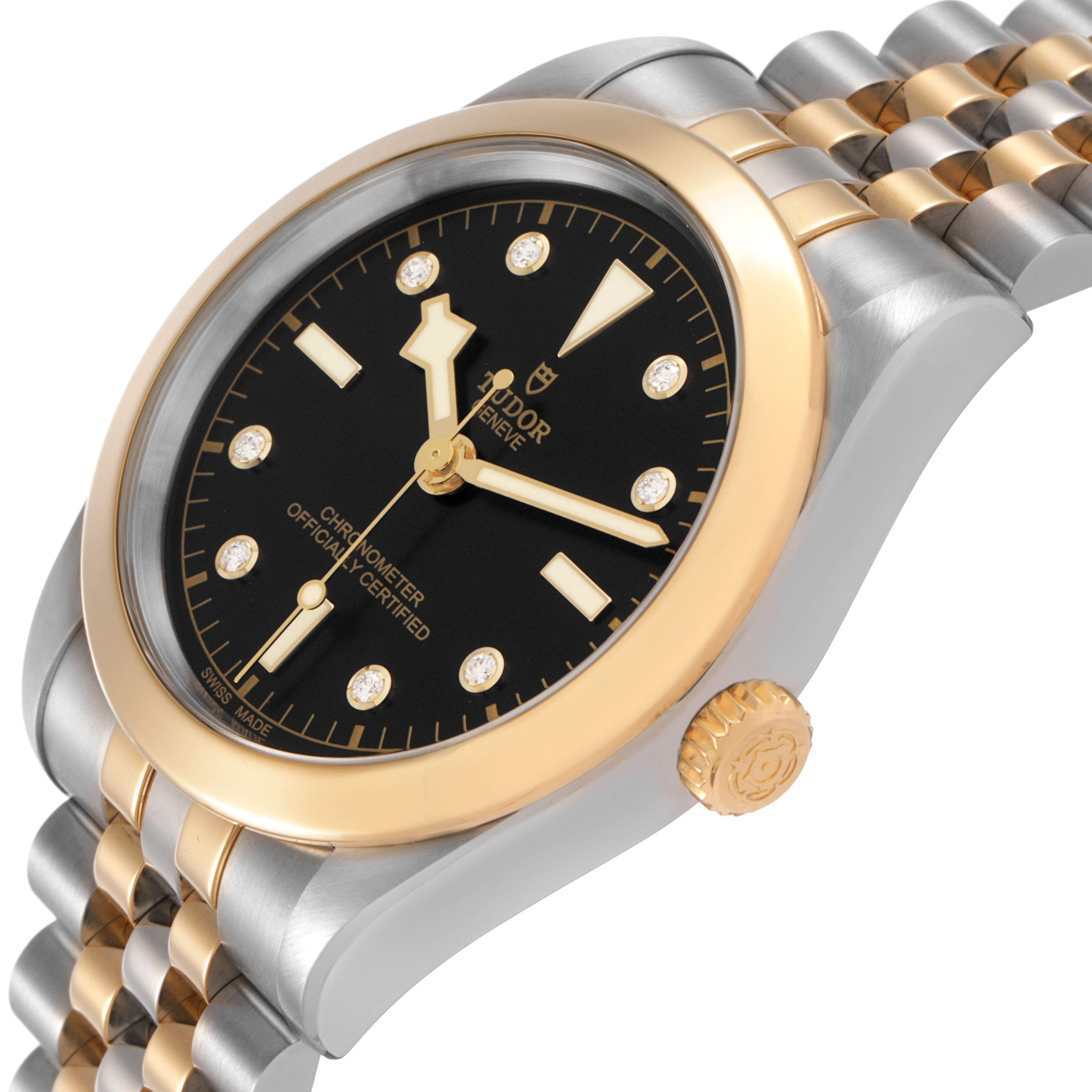 The Tudor Heritage Black Bay 79663 Men's Steel and Gold (two tone) Black Dial watch is shown at an angle highlighting the case, bezel, dial, crown, and bracelet.