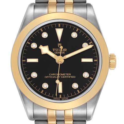 The Tudor Heritage Black Bay 79663 Men's Steel and Gold (two tone) Black Dial watch is shown from the front, highlighting its dial, bezel, and bracelet.