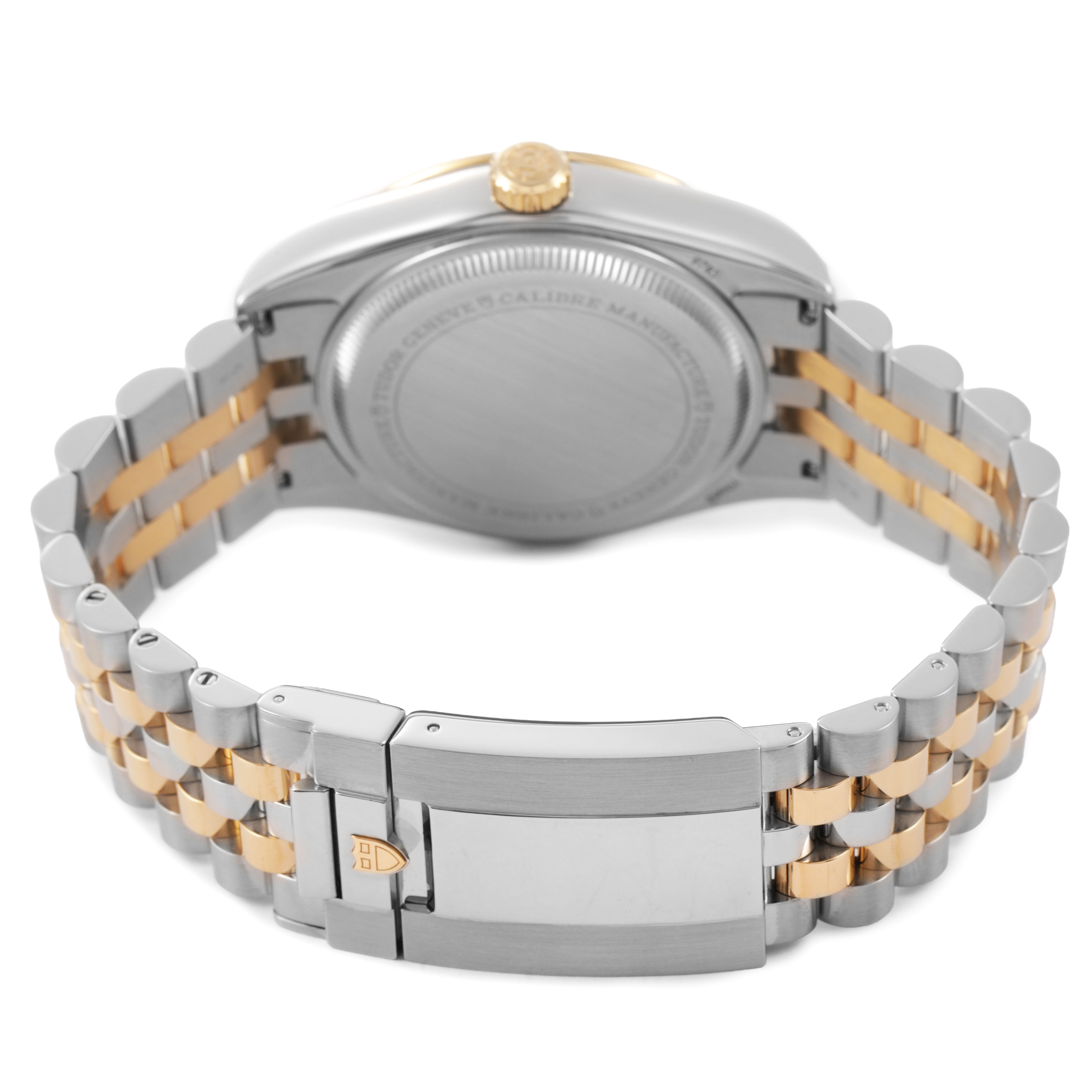 The image shows the back of the Tudor Heritage Black Bay 79663 Men's Steel and Gold (two tone) Black Dial watch, focusing on the bracelet and clasp.