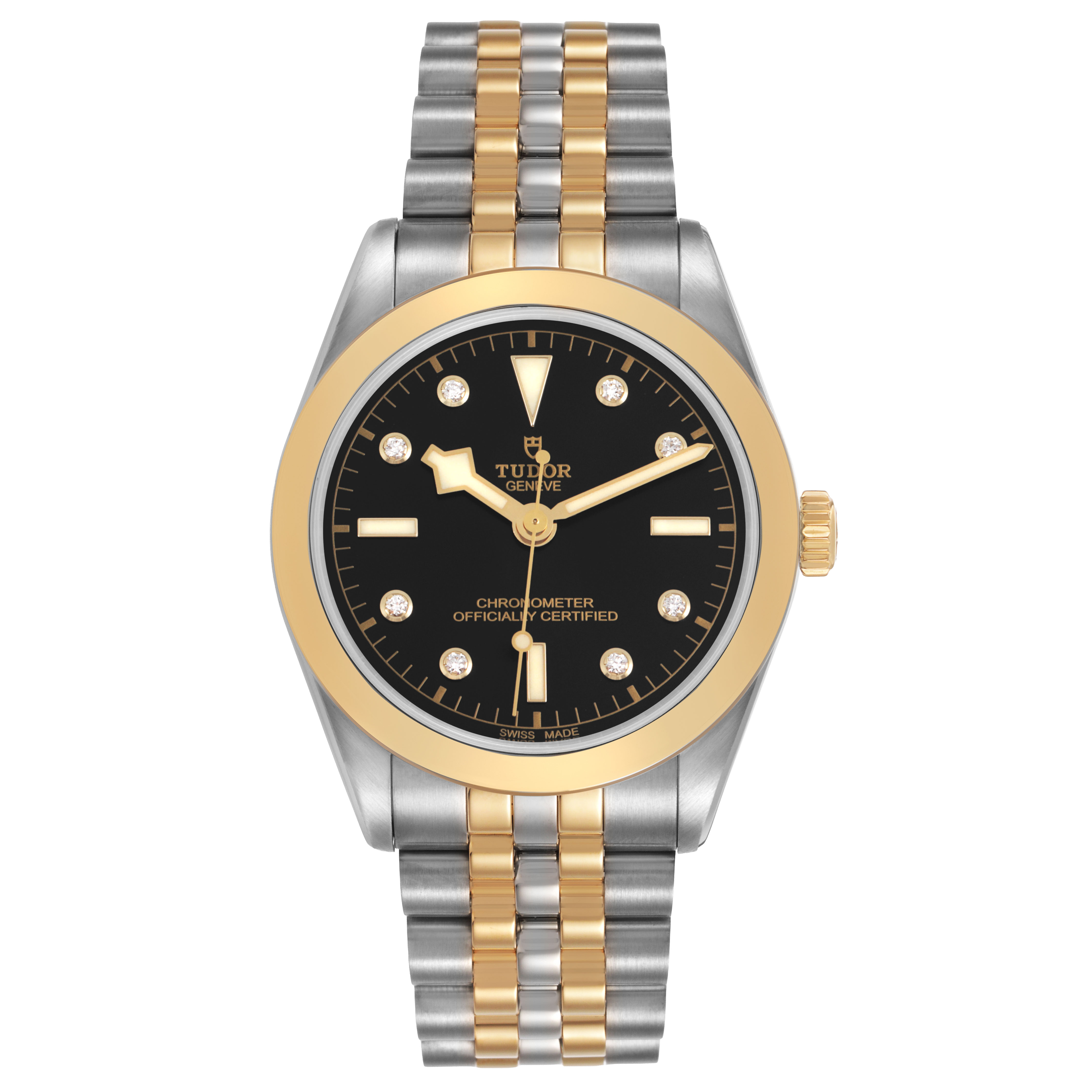 The Tudor Heritage Black Bay 79663 Men's Steel and Gold (two tone) Black Dial watch is shown from the front, featuring its gold bezel and two-tone bracelet.