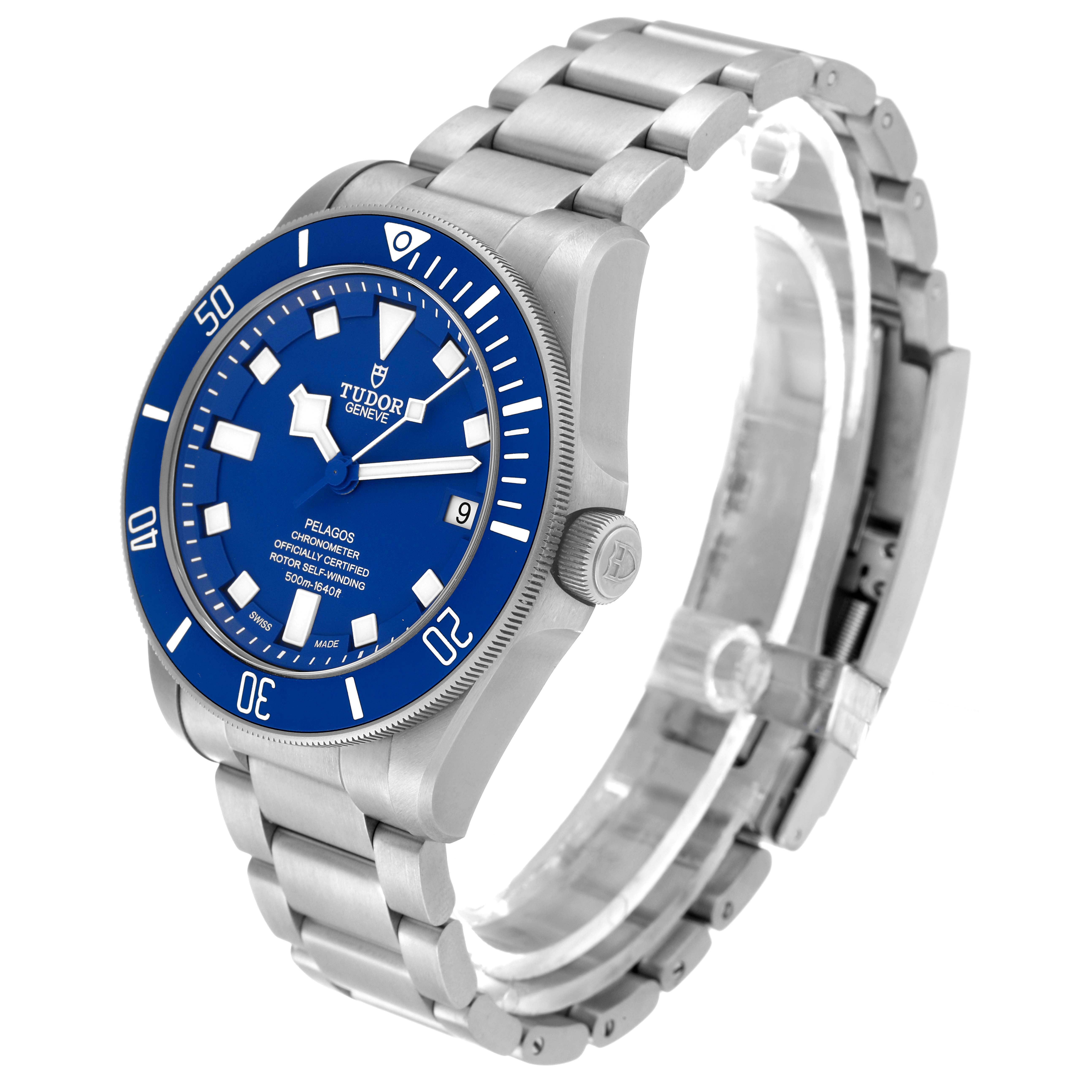 This image shows a side view of a Tudor Pelagos 25600TB Men's Titanium Blue Dial 25600TB Men's Titanium Blue Dial watch, highlighting its blue dial, bezel, case, and bracelet.