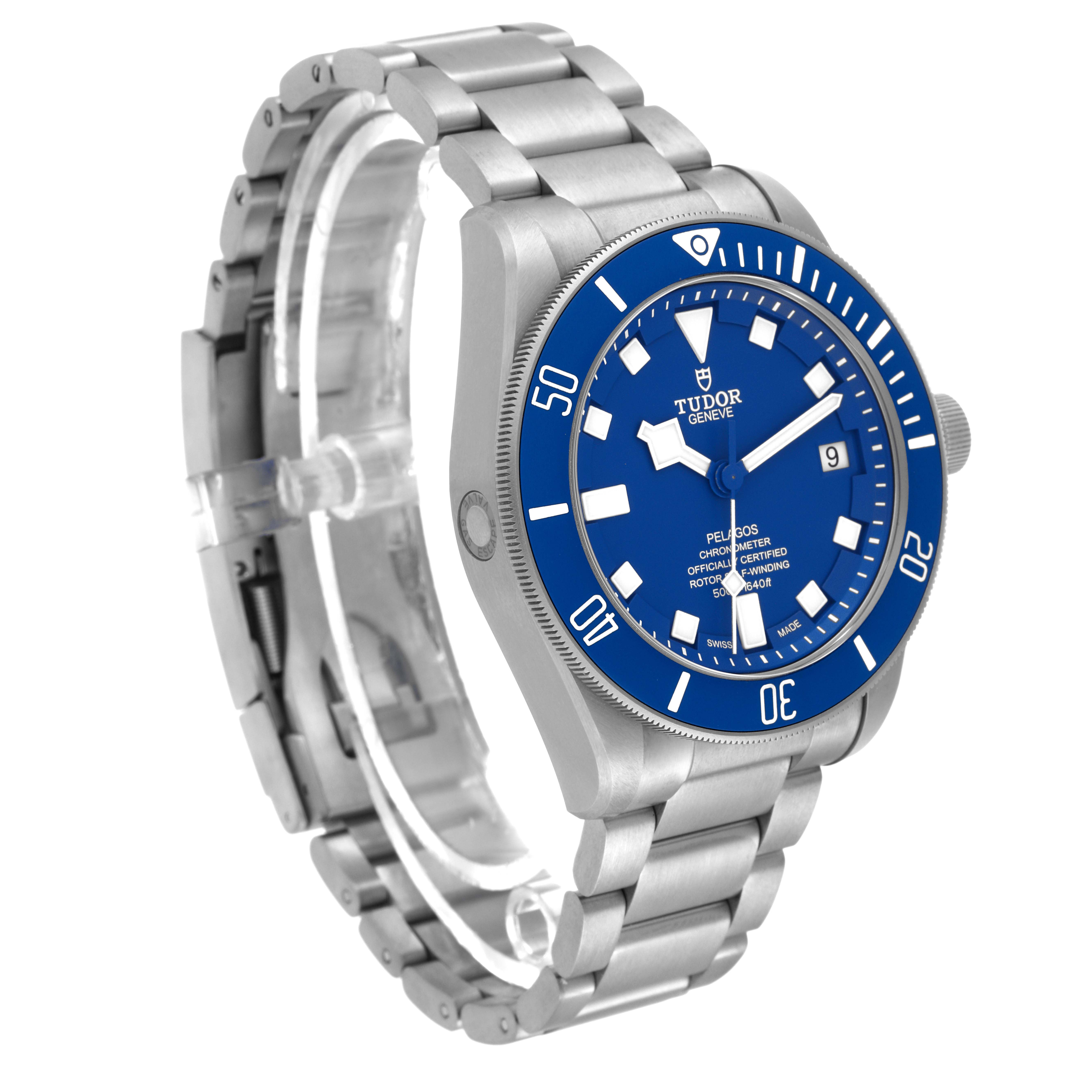 The image shows a Tudor Pelagos 25600TB Men's Titanium Blue Dial 25600TB Men's Titanium Blue Dial watch at a slight angle, highlighting its blue dial, bezel, and metal bracelet.