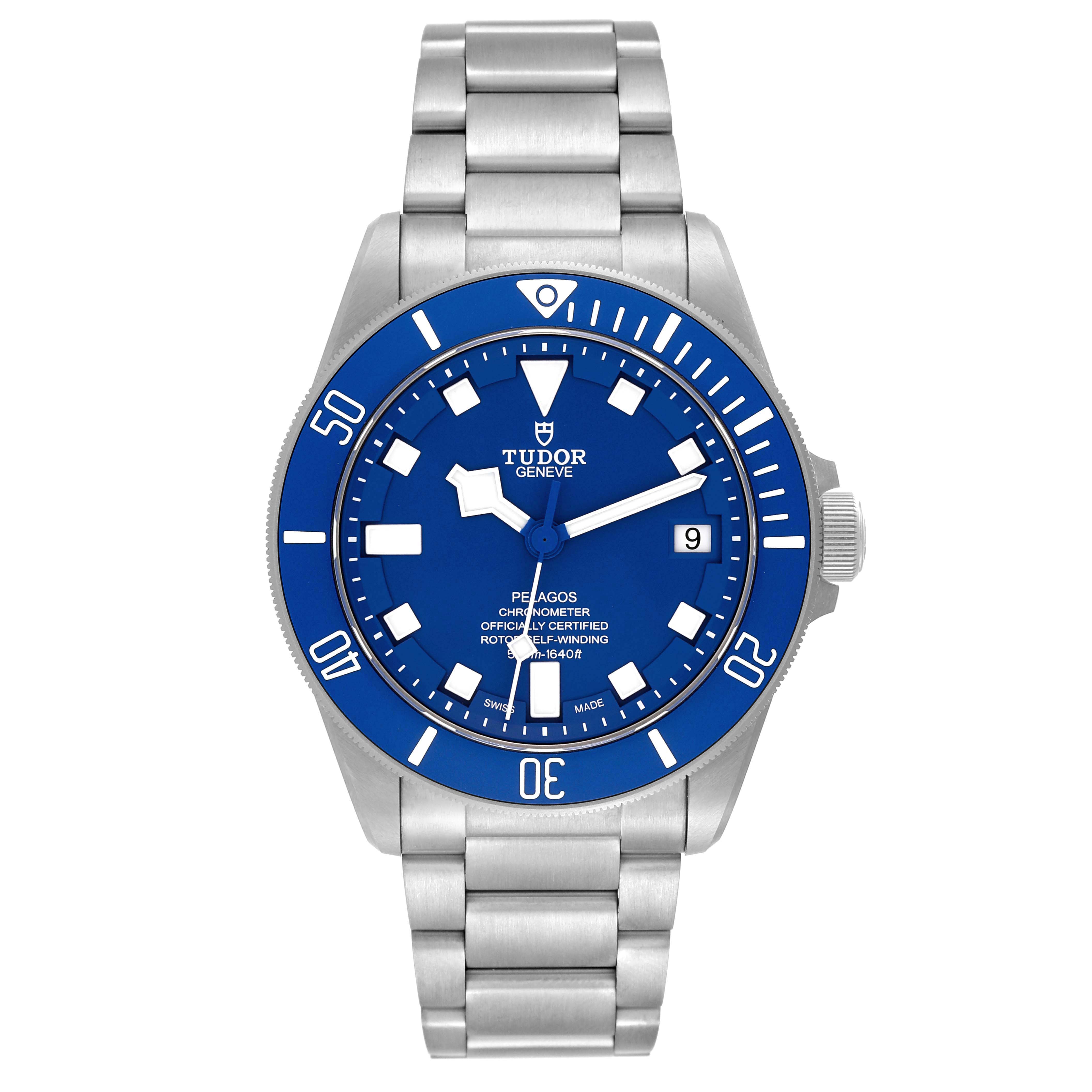 This image shows a front view of the Tudor Pelagos 25600TB Men's Titanium Blue Dial 25600TB Men's Titanium Blue Dial watch, highlighting the face, bezel, crown, and stainless steel bracelet.