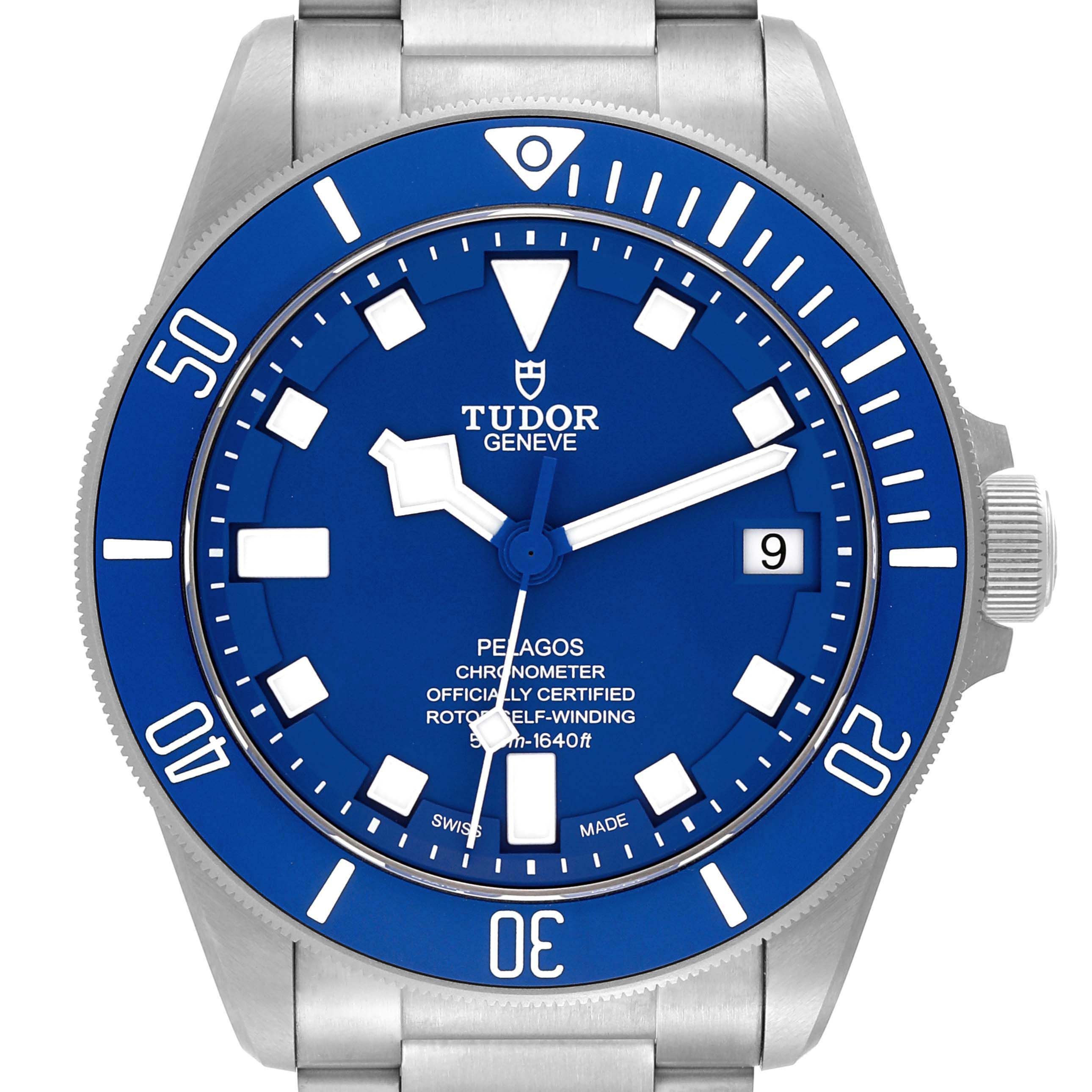 The image shows a front view of the Tudor Pelagos 25600TB Men's Titanium Blue Dial 25600TB Men's Titanium Blue Dial watch, highlighting the blue dial, bezel, and stainless steel bracelet.