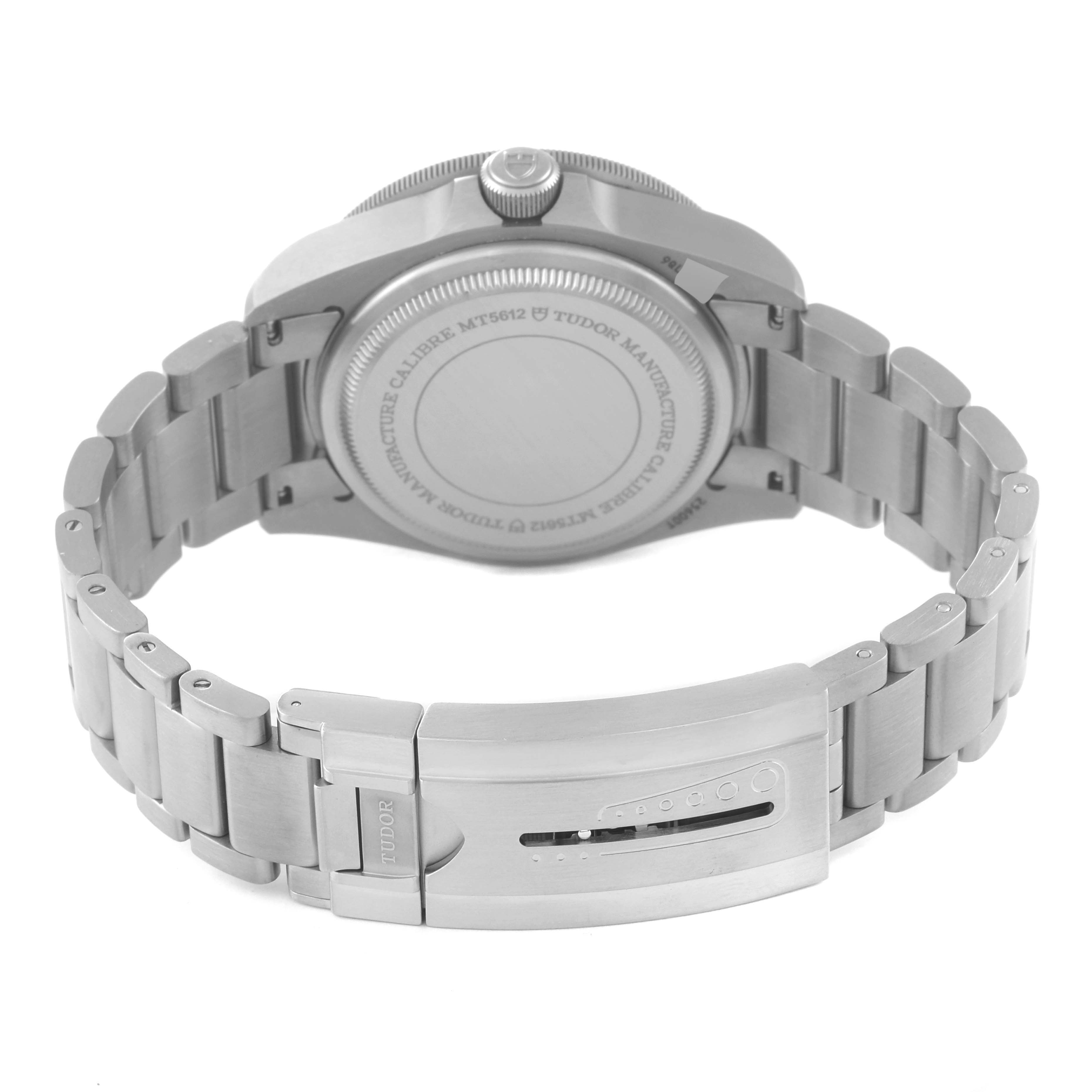 The image shows the back view of a Tudor Pelagos 25600TB Men's Titanium Blue Dial 25600TB Men's Titanium Blue Dial watch, displaying the case back and the metal bracelet with the clasp.