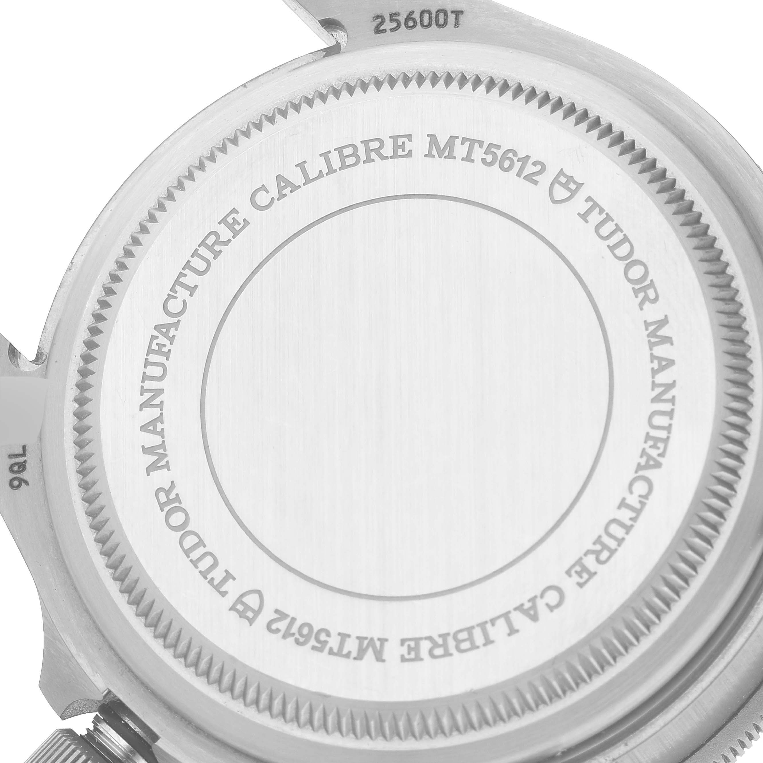 The image shows the back case of a Tudor Pelagos 25600TB Men's Titanium Blue Dial 25600TB Men's Titanium Blue Dial watch, showcasing the Calibre MT5612 inscription.