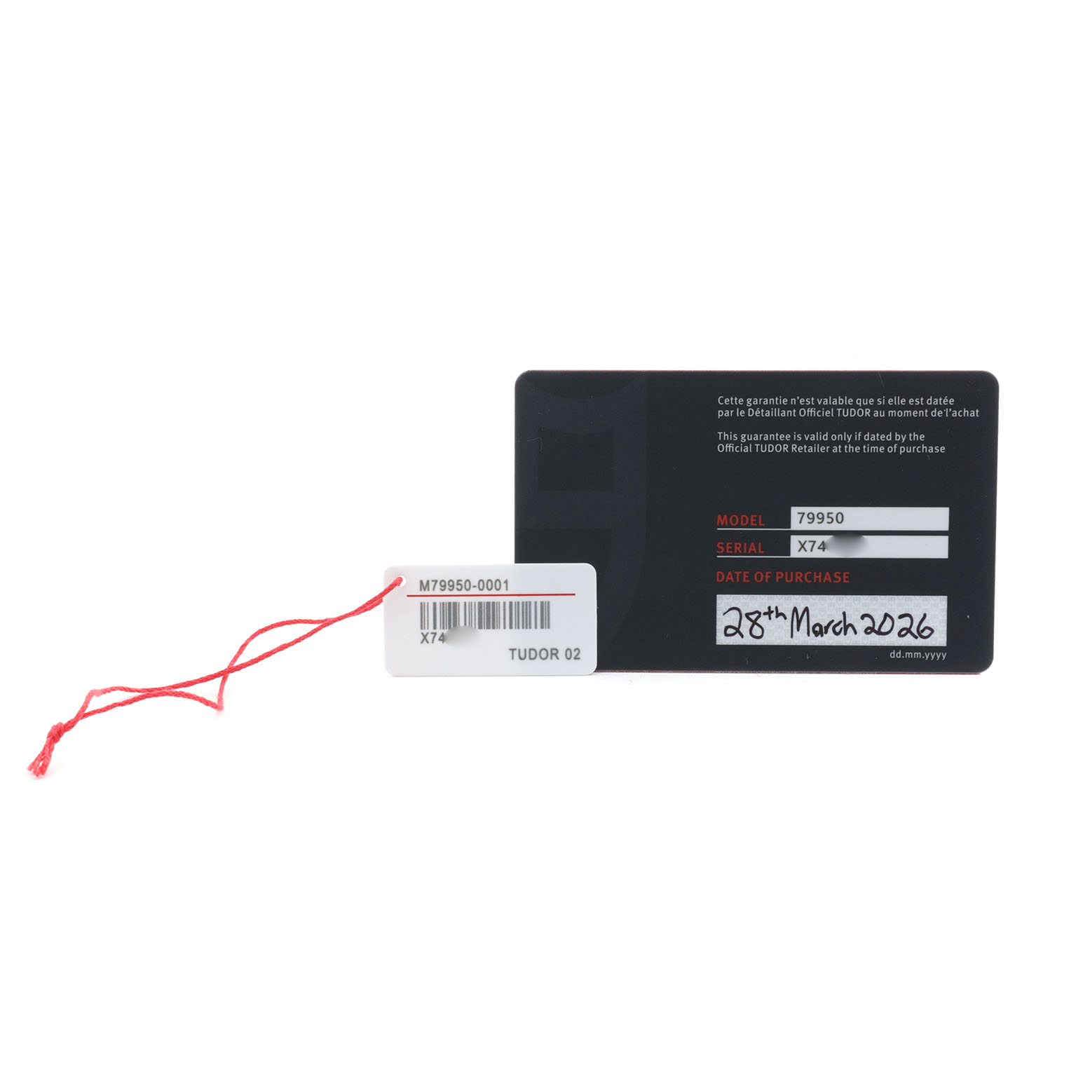 The image shows a warranty card and tag for a Tudor Heritage Ranger 79950 Men's Stainless Steel Black Dial watch.