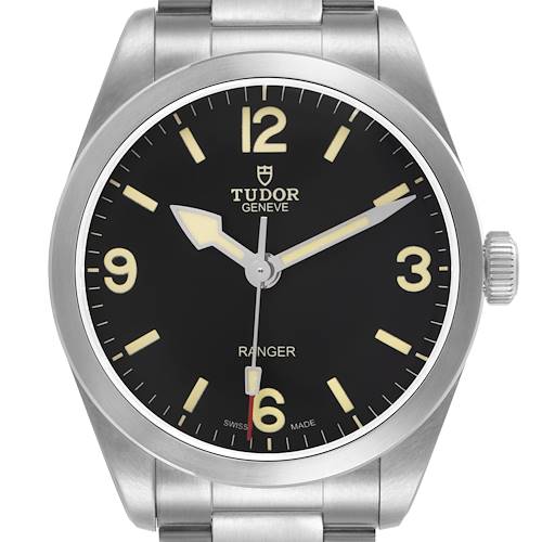 The Tudor Heritage Ranger 79950 Men's Stainless Steel Black Dial watch is shown from the front, highlighting the dial, hands, bezel, crown, and part of the bracelet.