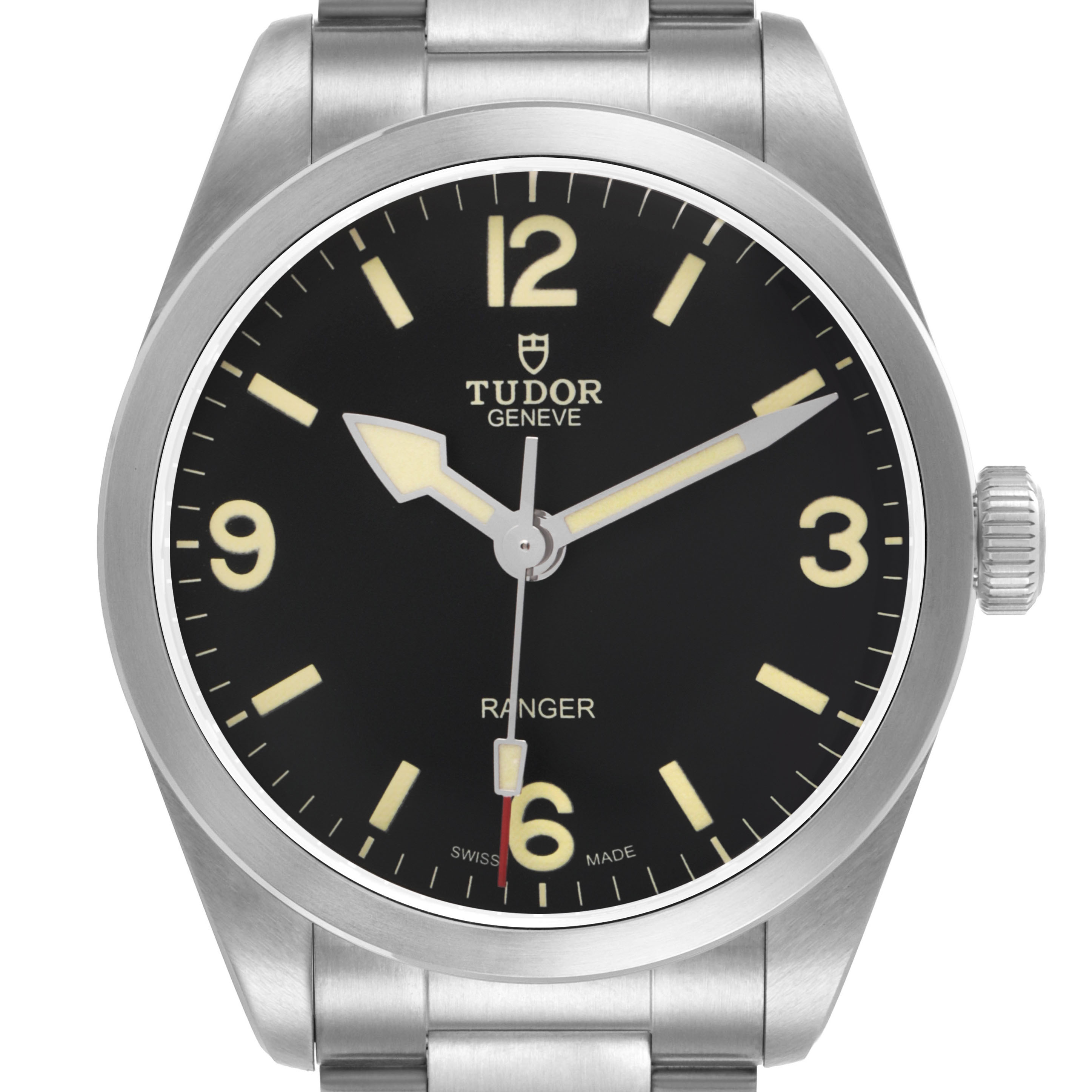 The Tudor Heritage Ranger 79950 Men's Stainless Steel Black Dial watch is shown from the front, displaying the dial, crown, and part of the bracelet.