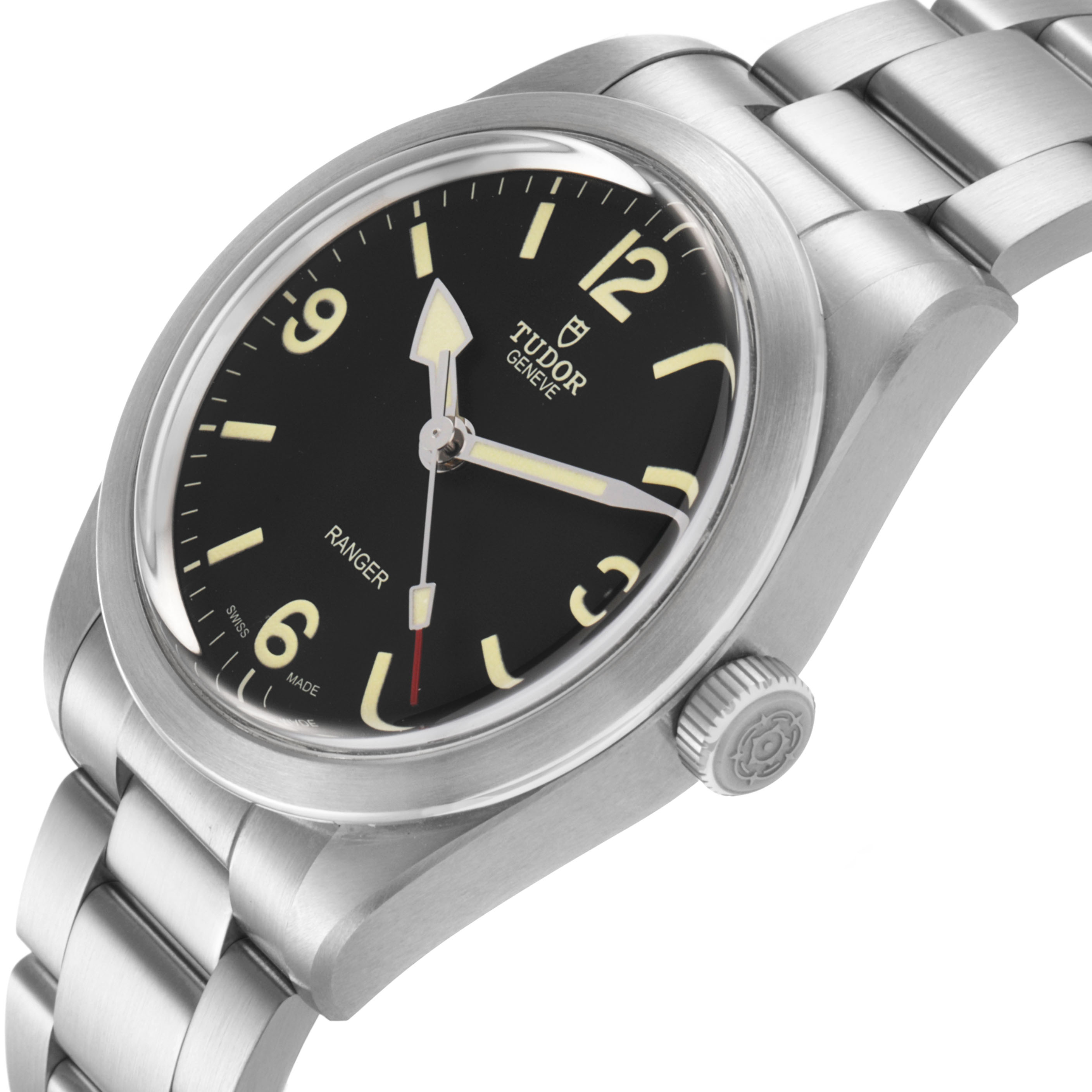 The Tudor Heritage Ranger 79950 Men's Stainless Steel Black Dial watch is shown at a three-quarter angle, displaying the dial, case, crown, and bracelet.