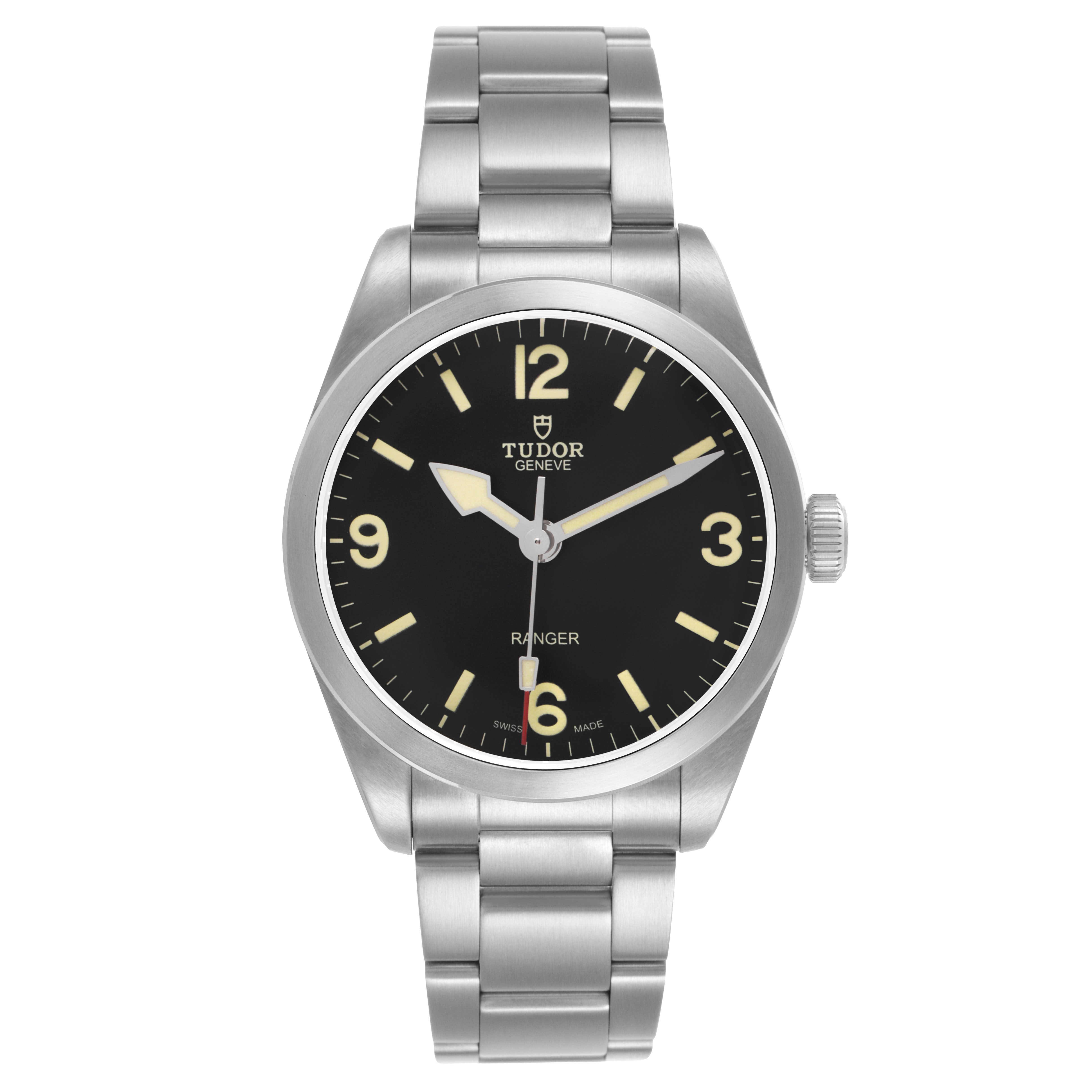The Tudor Heritage Ranger 79950 Men's Stainless Steel Black Dial watch is shown from a front angle, displaying its black dial, silver casing, and bracelet.
