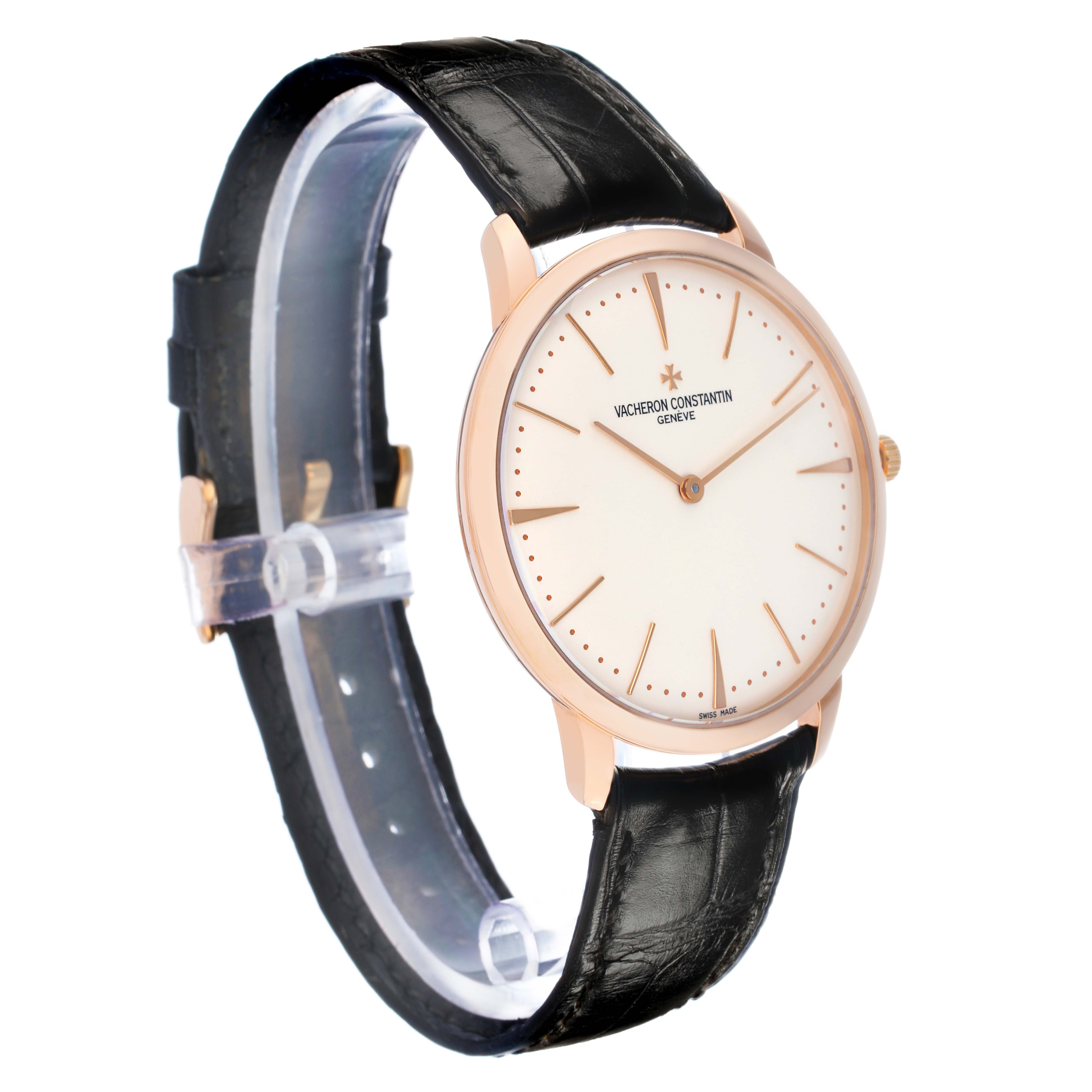 The Vacheron Constantin Patrimony 81180/000R-9159 Men
s Rose Gold Silver Dial watch is shown at a slight angle, highlighting the face, bezel, and side of the leather strap.