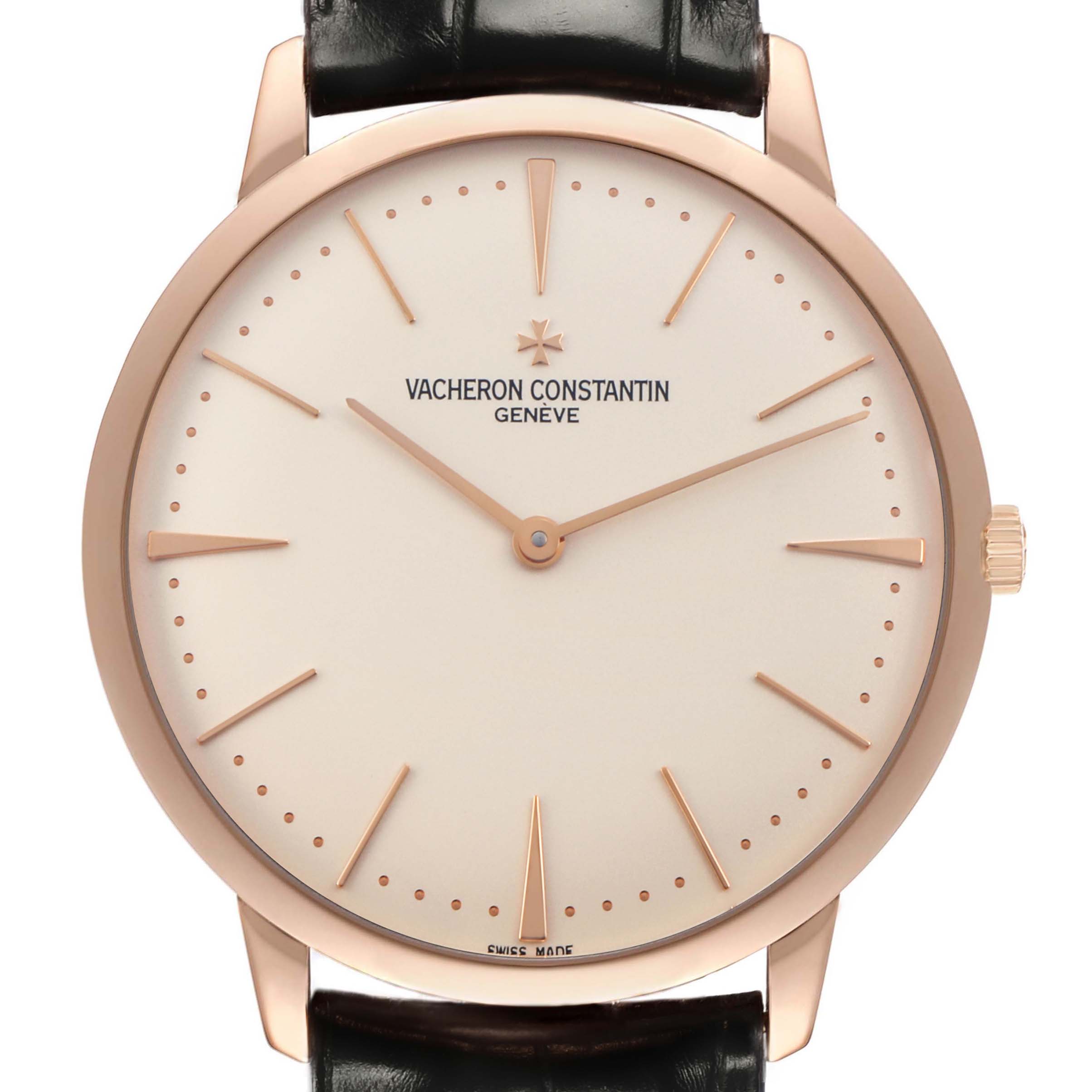 The image shows the Vacheron Constantin Patrimony 81180/000R-9159 Men
s Rose Gold Silver Dial watch face, bezel, lugs, and partial strap from a front angle.
