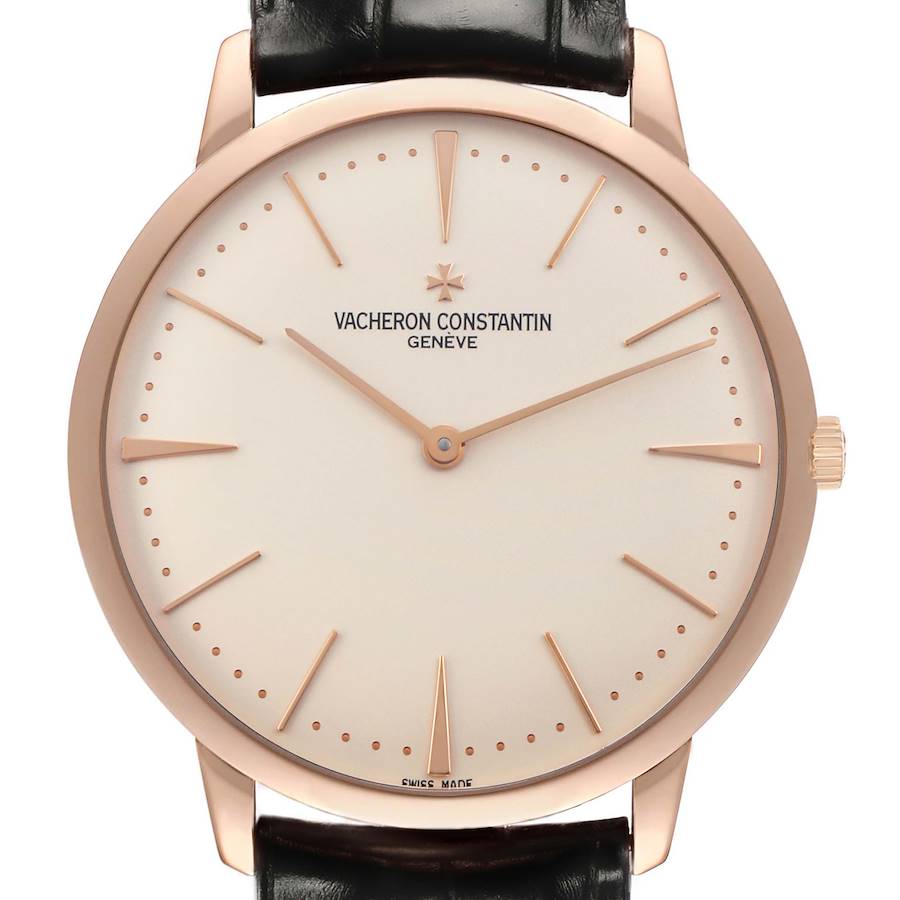 The image shows the Vacheron Constantin Patrimony 81180/000R-9159 Men's Rose Gold Silver Dial watch face, bezel, lugs, and partial strap from a front angle.