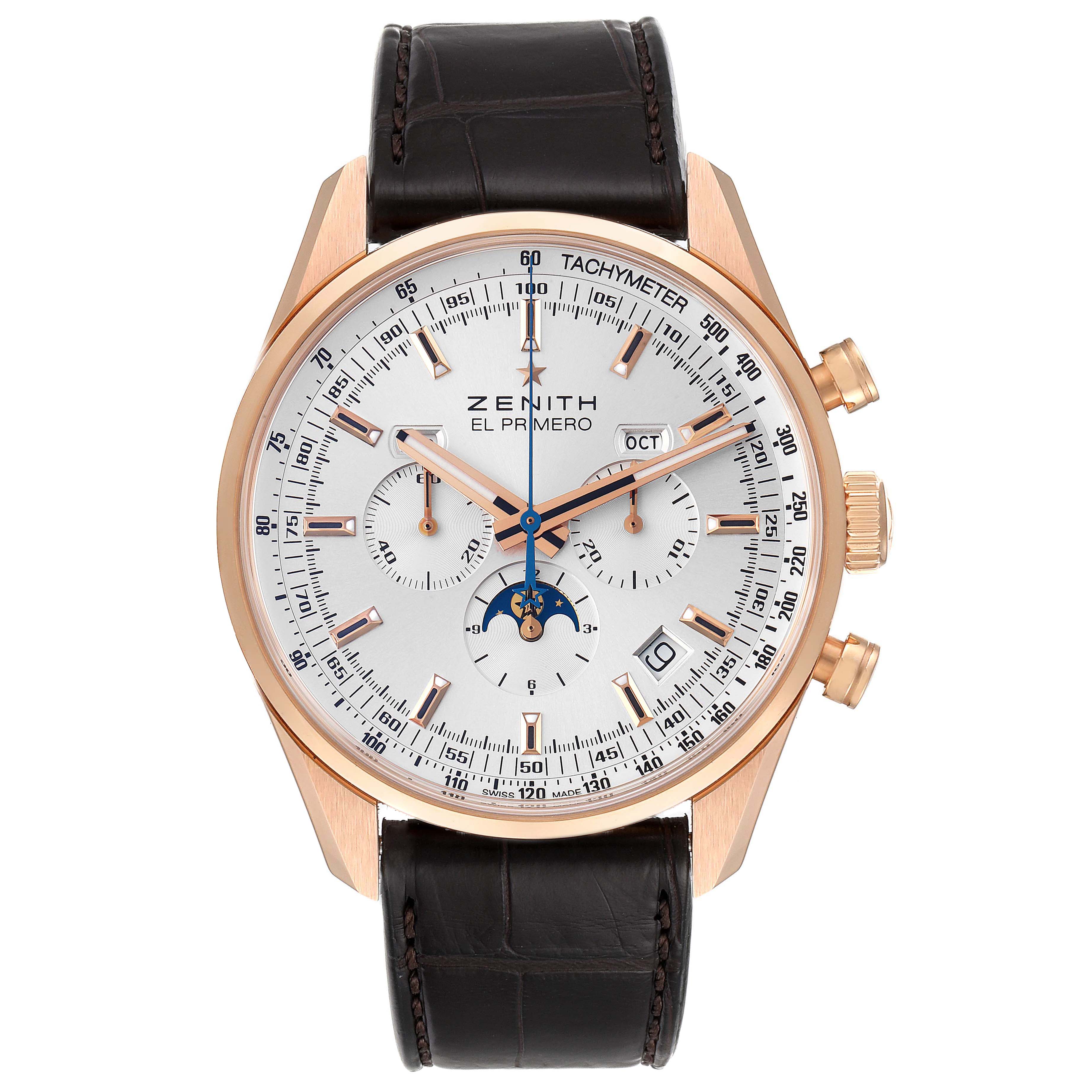 The Zenith El Primero 18.2091.410 Men's Rose Gold Silver Dial 18.2091.410 Men's Rose Gold Silver Dial watch is shown from a front angle, displaying its dial, case, tachymeter, and strap.