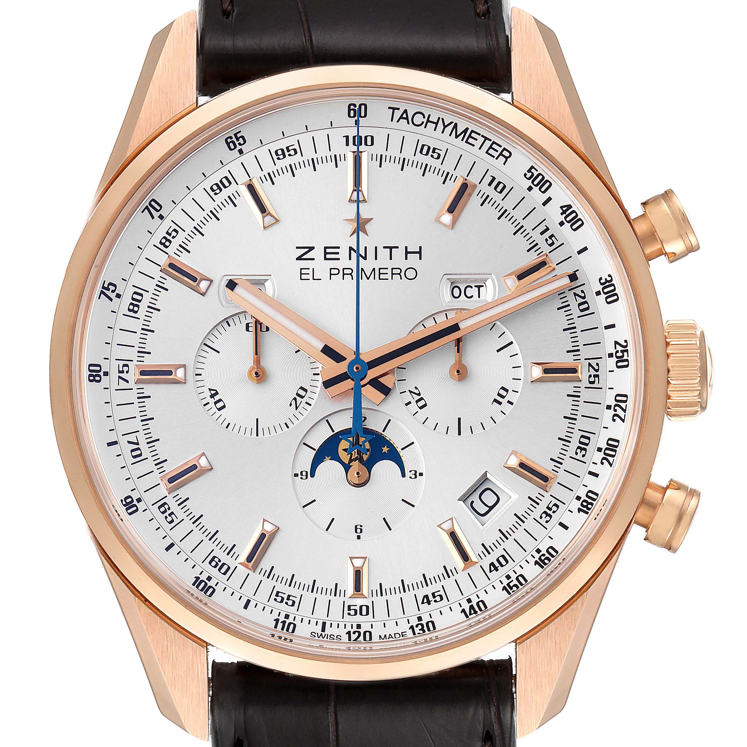 The Zenith El Primero 18.2091.410 Men's Rose Gold Silver Dial 18.2091.410 Men's Rose Gold Silver Dial watch is shown from a front-facing angle with a clear view of the dial, subdials, tachymeter, and date indicators.