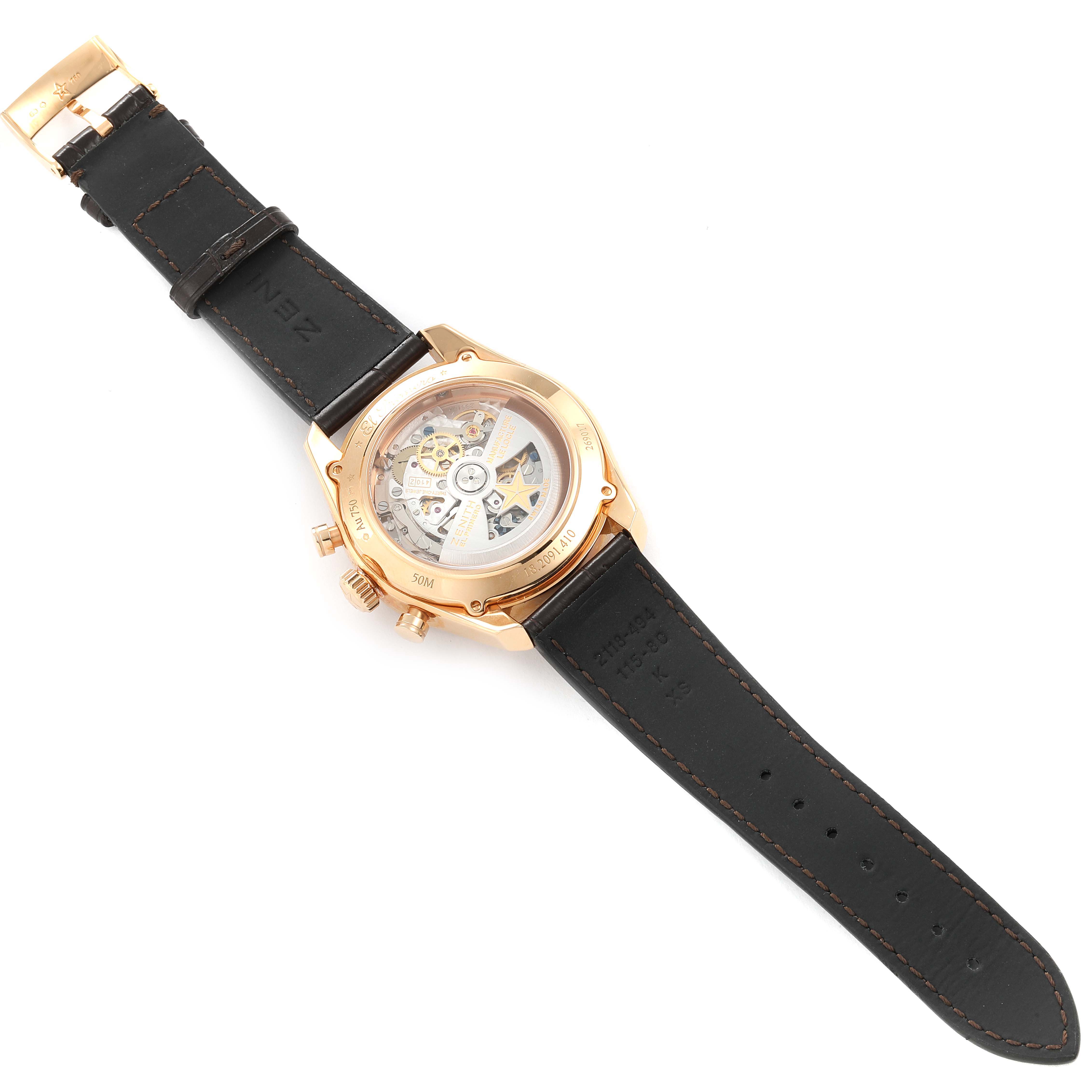 The image shows the back view of a Zenith El Primero 18.2091.410 Men's Rose Gold Silver Dial 18.2091.410 Men's Rose Gold Silver Dial watch, highlighting its transparent case back and black leather strap.