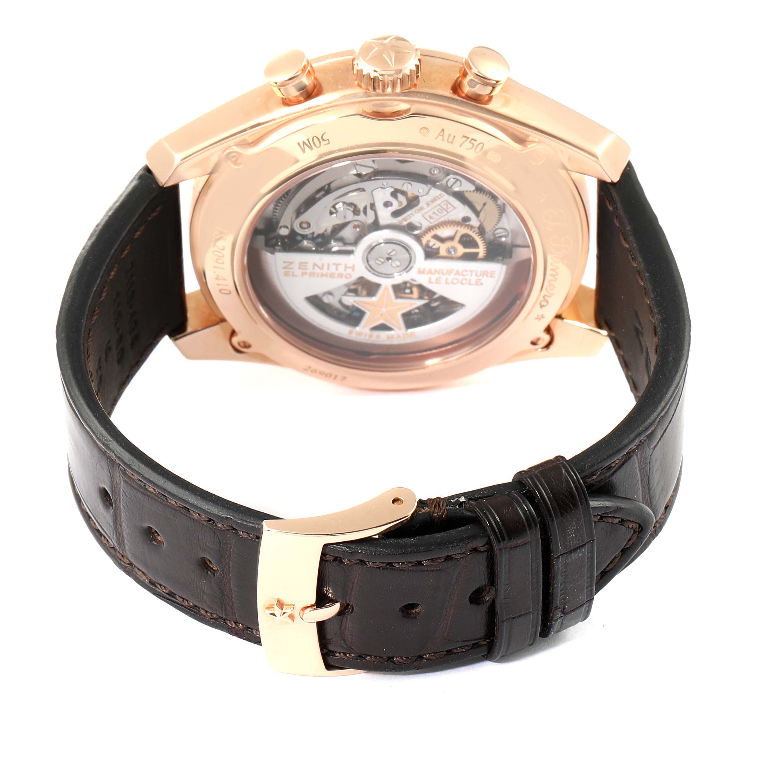 The image shows the back view of the Zenith El Primero 18.2091.410 Men's Rose Gold Silver Dial 18.2091.410 Men's Rose Gold Silver Dial watch, highlighting the movement and leather strap with a gold buckle.