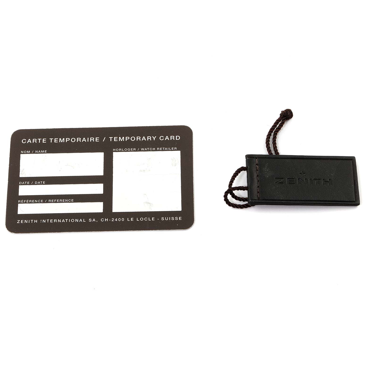 The image shows the temporary card and a tag for the Zenith El Primero 18.2091.410 Men's Rose Gold Silver Dial 18.2091.410 Men's Rose Gold Silver Dial model watch.