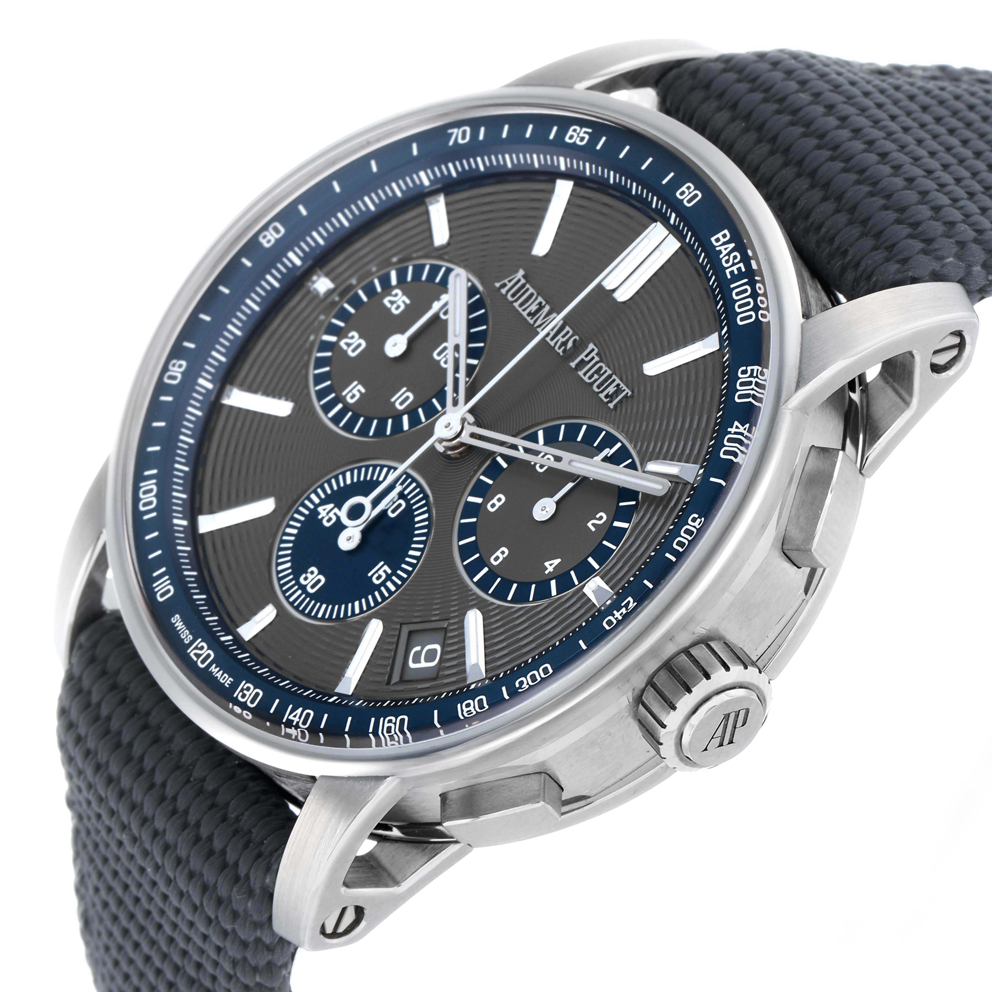 The Audemars Piguet Jules 26393ST Men's Stainless Steel Grey Dial model watch is shown at an angle, highlighting the dial, subdials, crown, and strap.