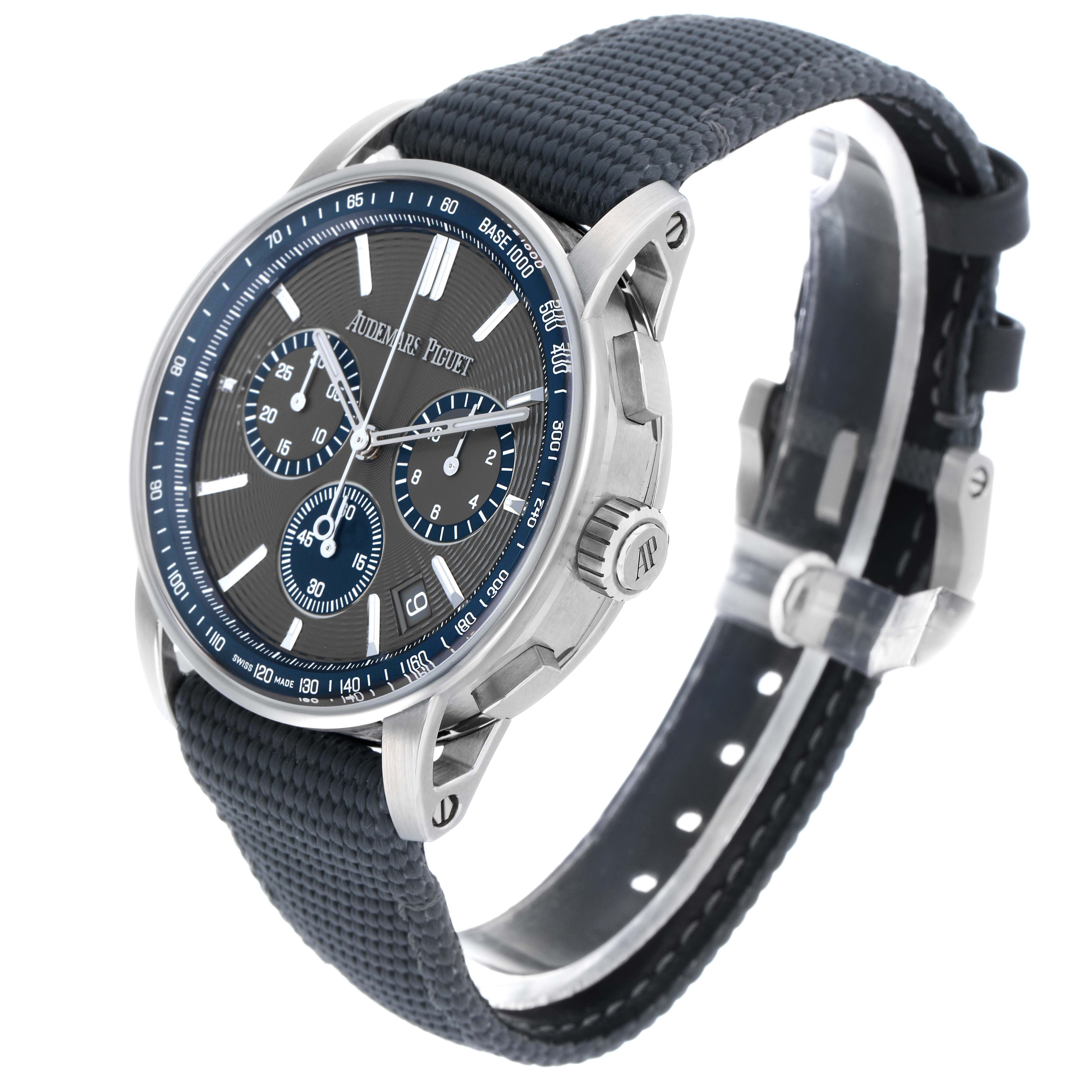 The Audemars Piguet Jules 26393ST Men's Stainless Steel Grey Dial watch is shown from a three-quarter angle, highlighting the dial, bezel, strap, and crown.