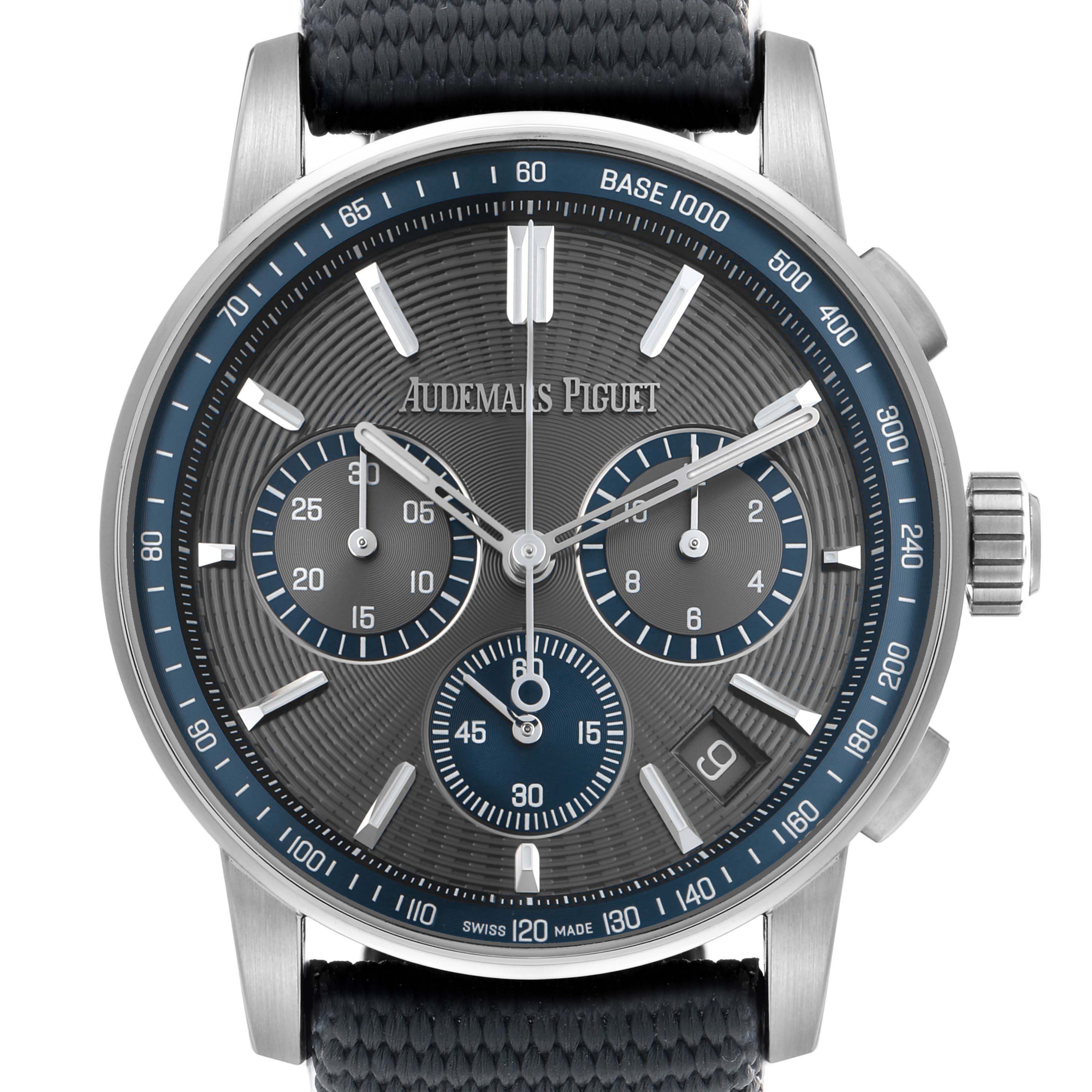 The Jules model by Audemars Piguet is shown from the front, displaying the dial, subdials, hour markers, and crown.