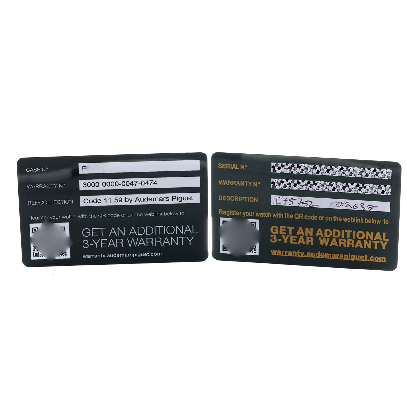 The image shows warranty cards for an Audemars Piguet watch, displaying reference and serial numbers.