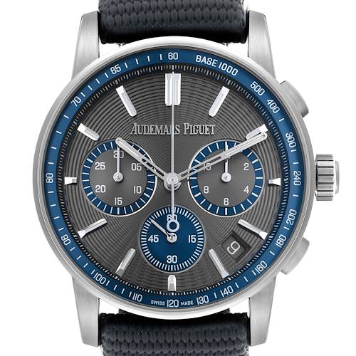 The image shows the Audemars Piguet Jules 26393ST Men's Stainless Steel Grey Dial watch from a front angle, highlighting the face, subdials, bezel, and crown.