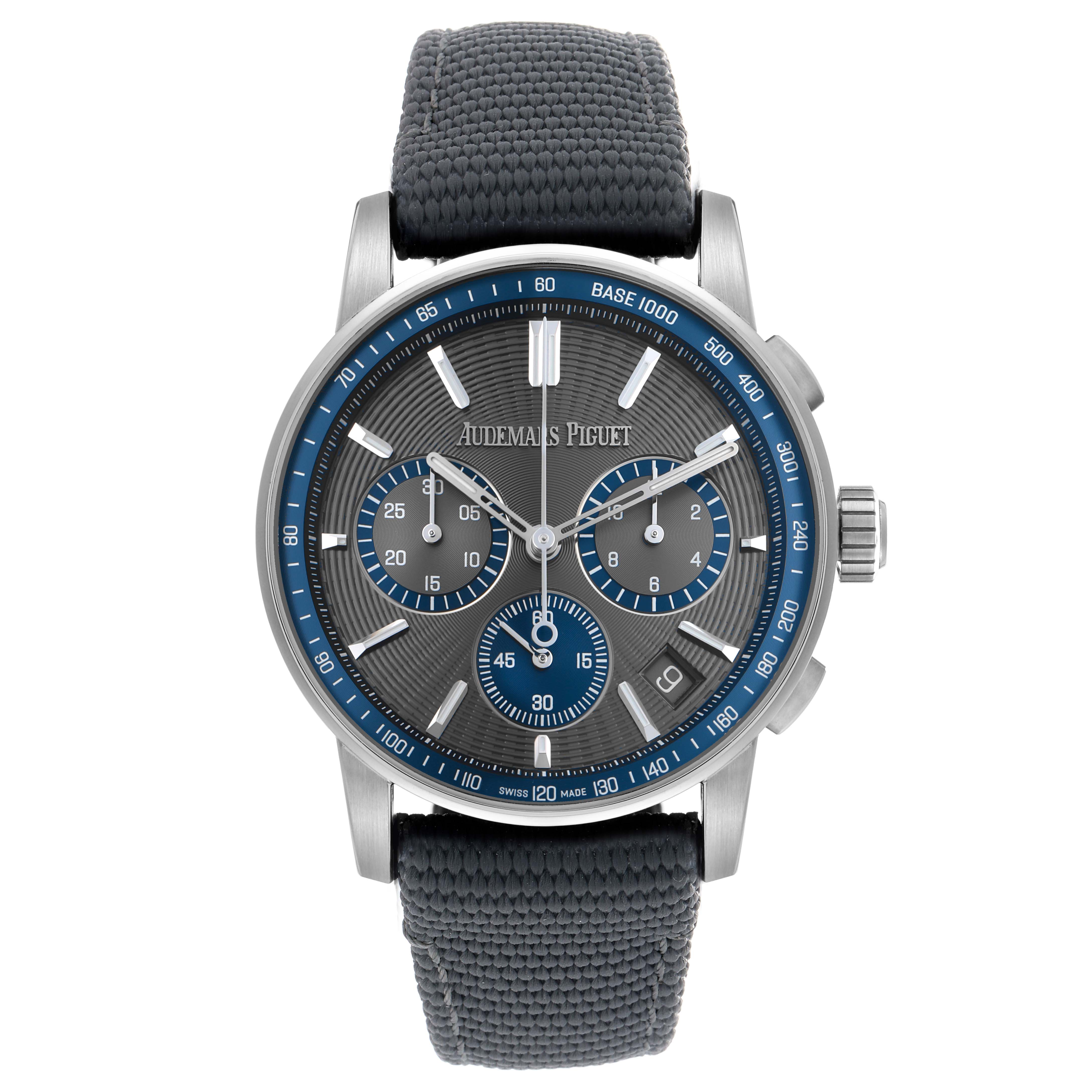 The Audemars Piguet Jules 26393ST Men's Stainless Steel Grey Dial watch is shown from the front, displaying its face, strap, and side buttons.