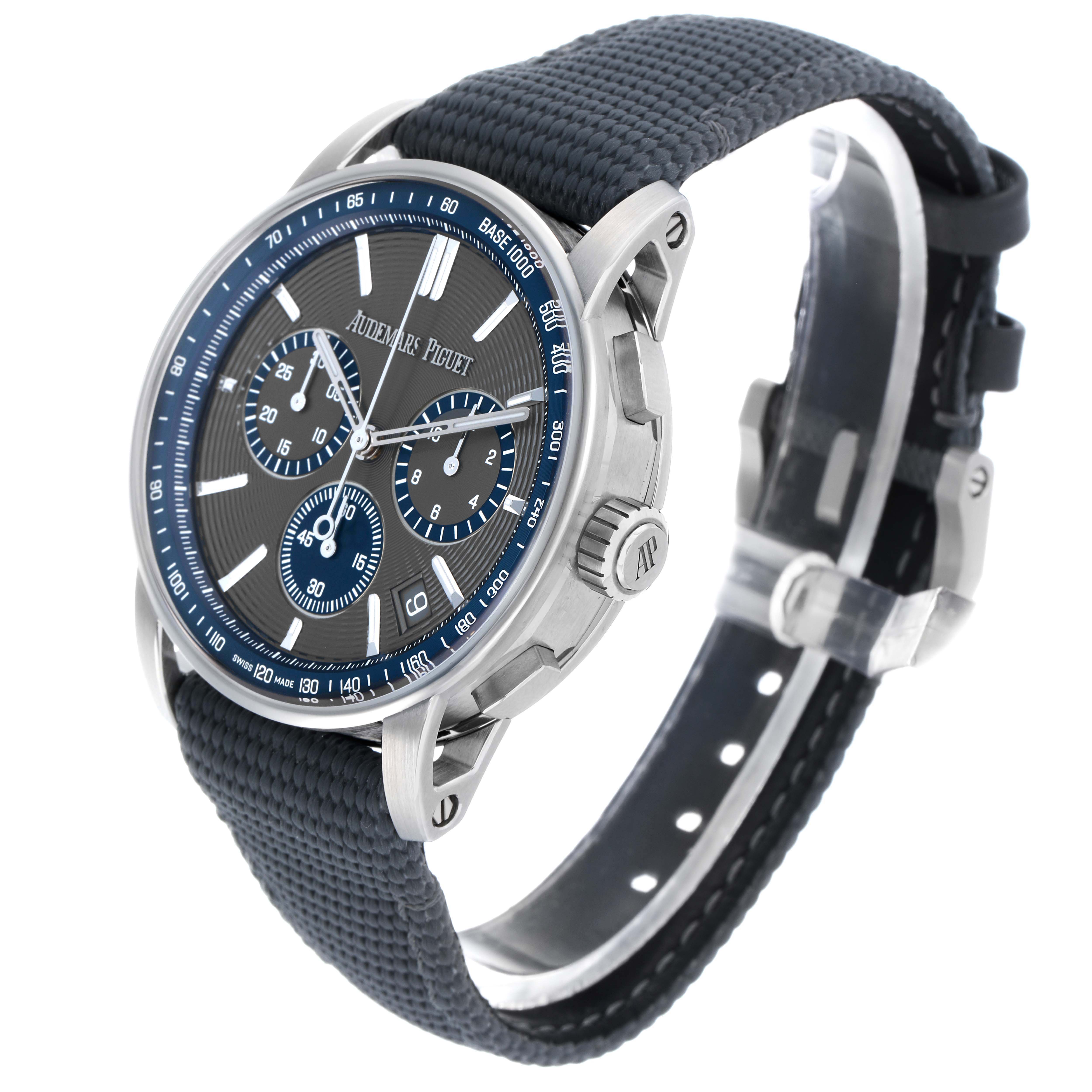 The Audemars Piguet Jules 26393ST Men's Stainless Steel Grey Dial model watch is shown at an angled view, highlighting the face, lugs, and side crown.