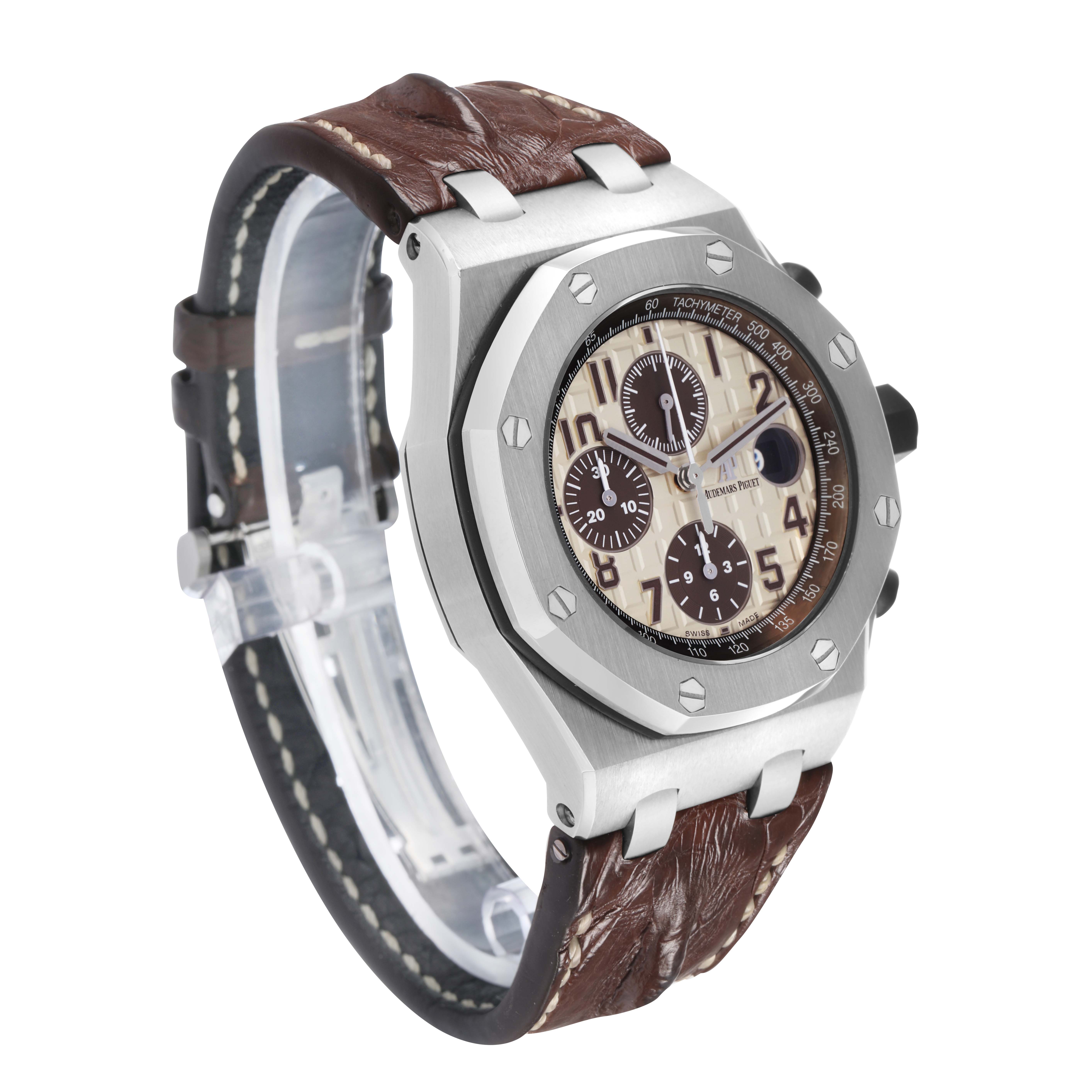 The Audemars Piguet Royal Oak Offshore 26470ST.OO.A801CR.01 Men's Stainless Steel Beige Dial is shown at a three-quarter angle, displaying its case, bezel, dial, and strap.