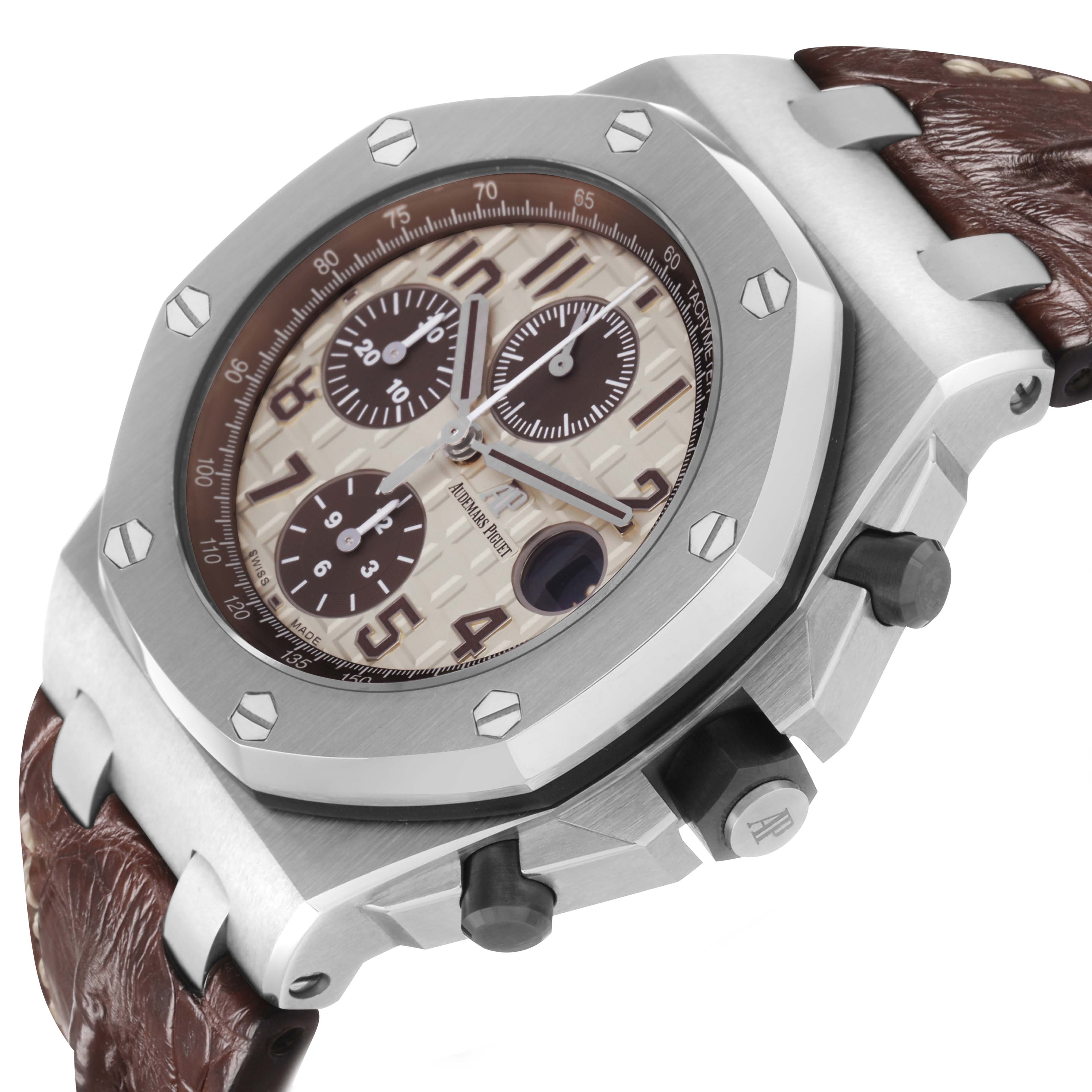 The Audemars Piguet Royal Oak Offshore 26470ST.OO.A801CR.01 Men's Stainless Steel Beige Dial watch is shown at an angle highlighting the bezel, dial, pushers, and leather strap.