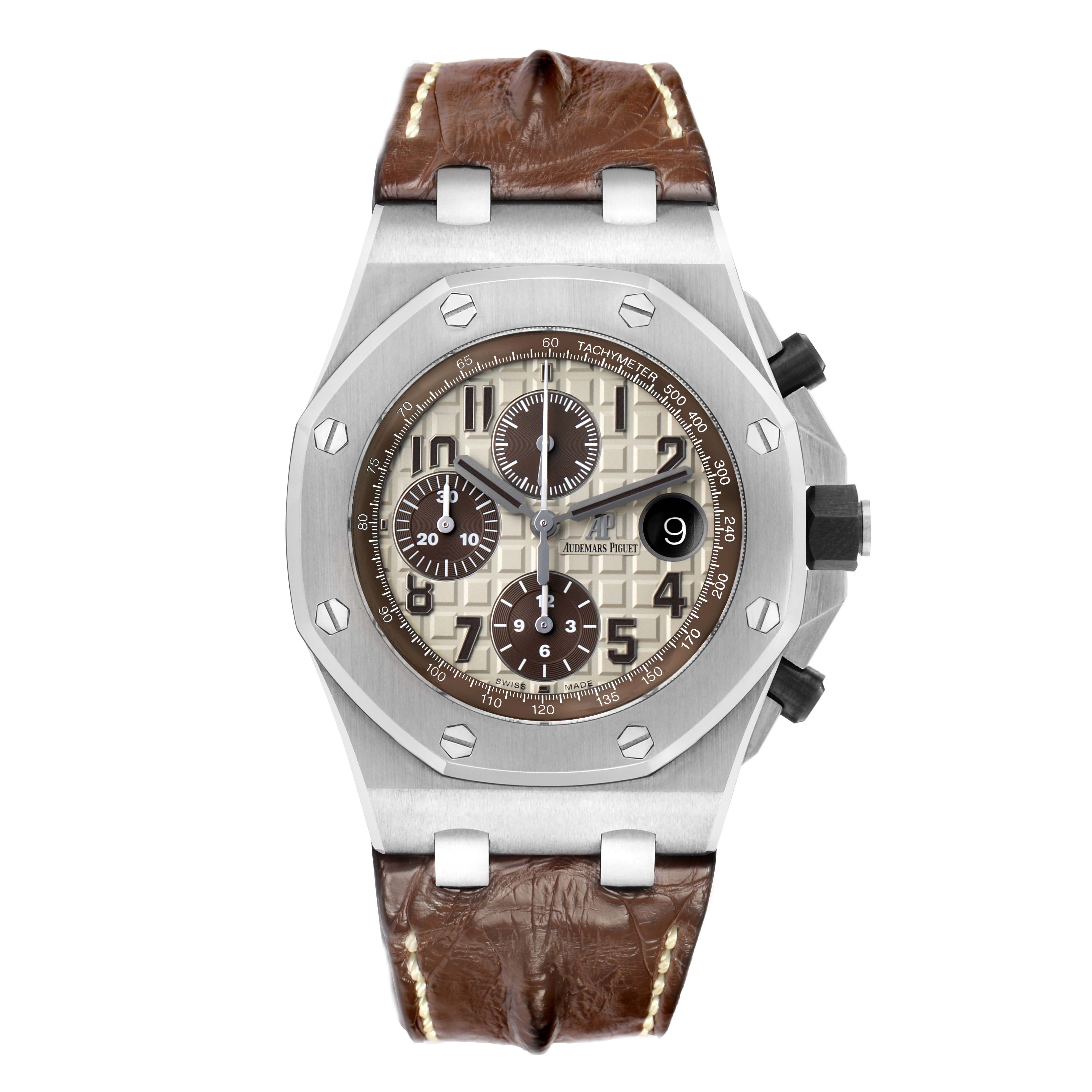 The Audemars Piguet Royal Oak Offshore 26470ST.OO.A801CR.01 Men's Stainless Steel Beige Dial watch is shown from a front angle, highlighting its dial, bezel, and leather strap.