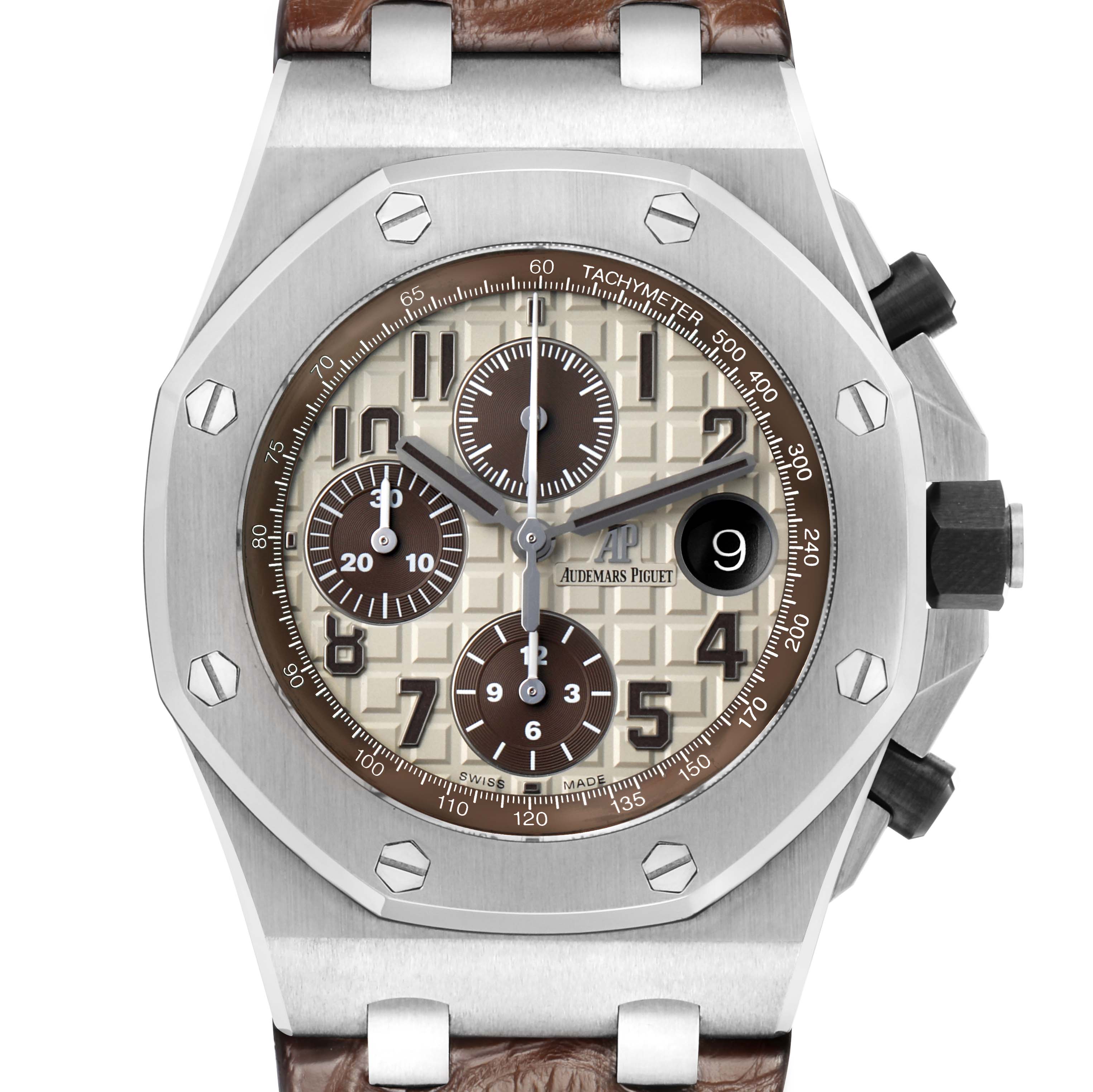 The Audemars Piguet Royal Oak Offshore 26470ST.OO.A801CR.01 Men's Stainless Steel Beige Dial watch is shown from the front, displaying the dial, bezel, and pushers.
