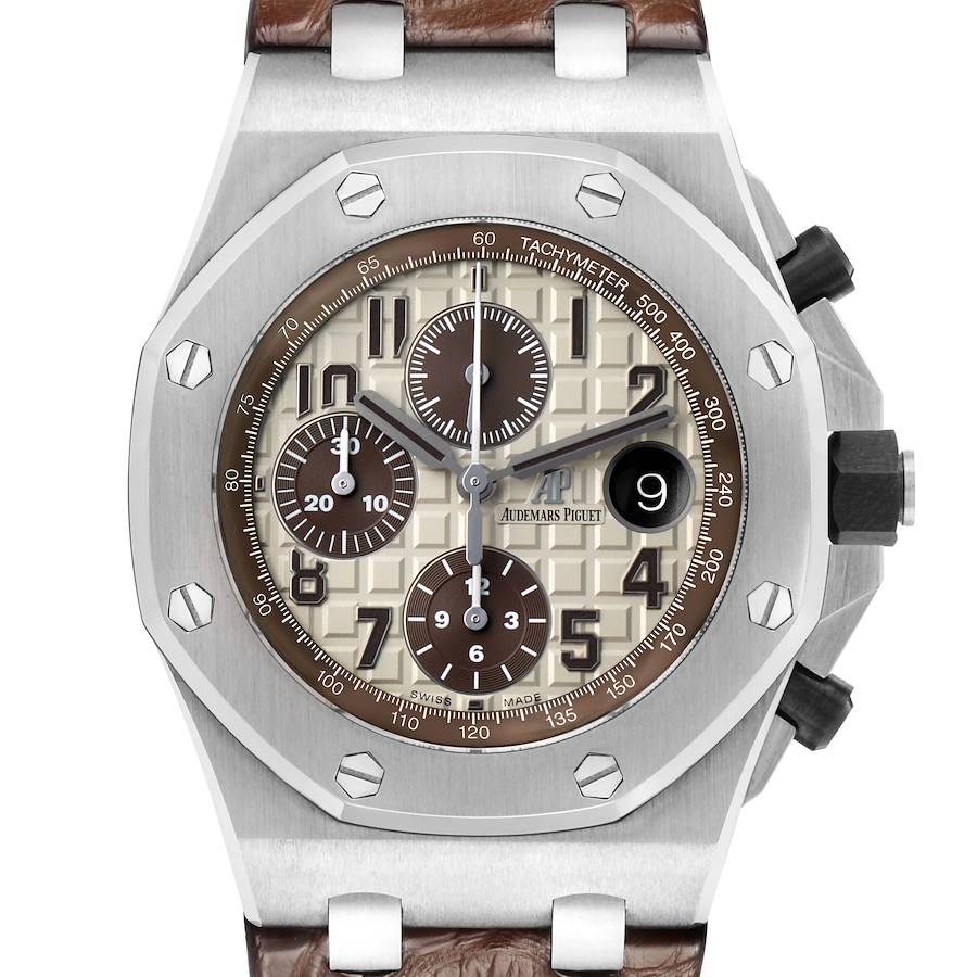 The Audemars Piguet Royal Oak Offshore 26470ST.OO.A801CR.01 Men's Stainless Steel Beige Dial watch is shown from the front, displaying the dial, bezel, and pushers.