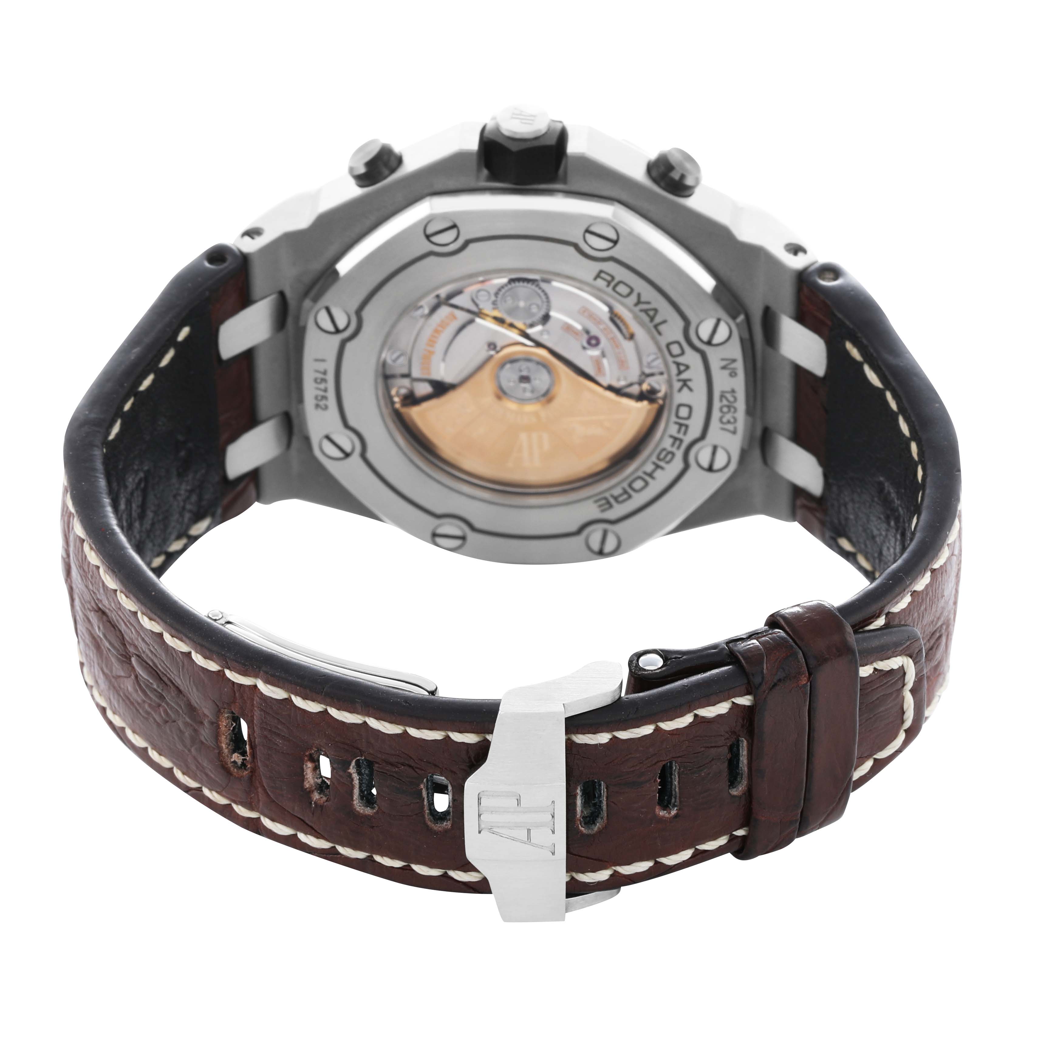 The Audemars Piguet Royal Oak Offshore 26470ST.OO.A801CR.01 Men's Stainless Steel Beige Dial watch is shown from the back, displaying its movement, case back, and leather strap.