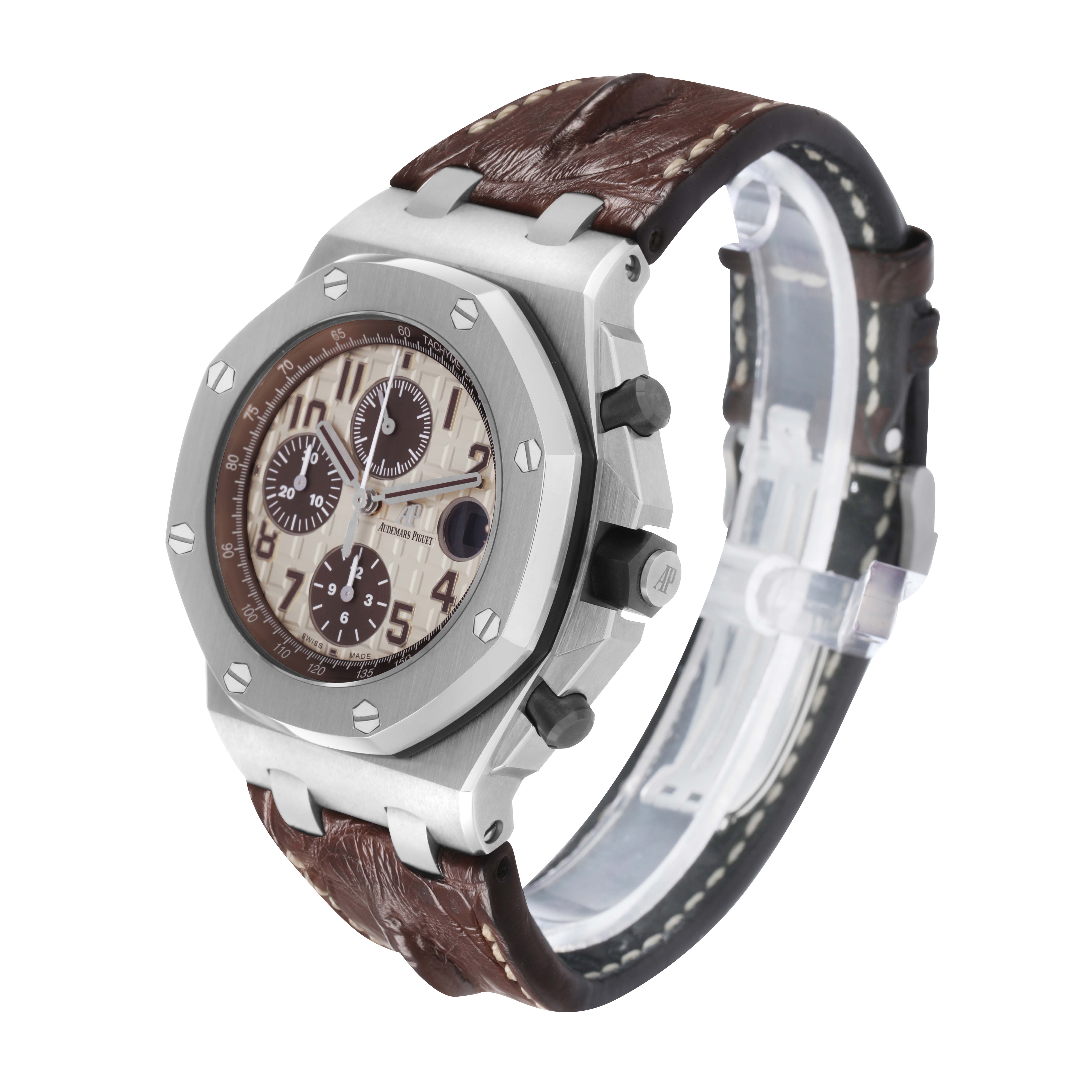 The Audemars Piguet Royal Oak Offshore 26470ST.OO.A801CR.01 Men's Stainless Steel Beige Dial watch is shown at a three-quarter angle, displaying the face, bezel, and part of the leather strap.