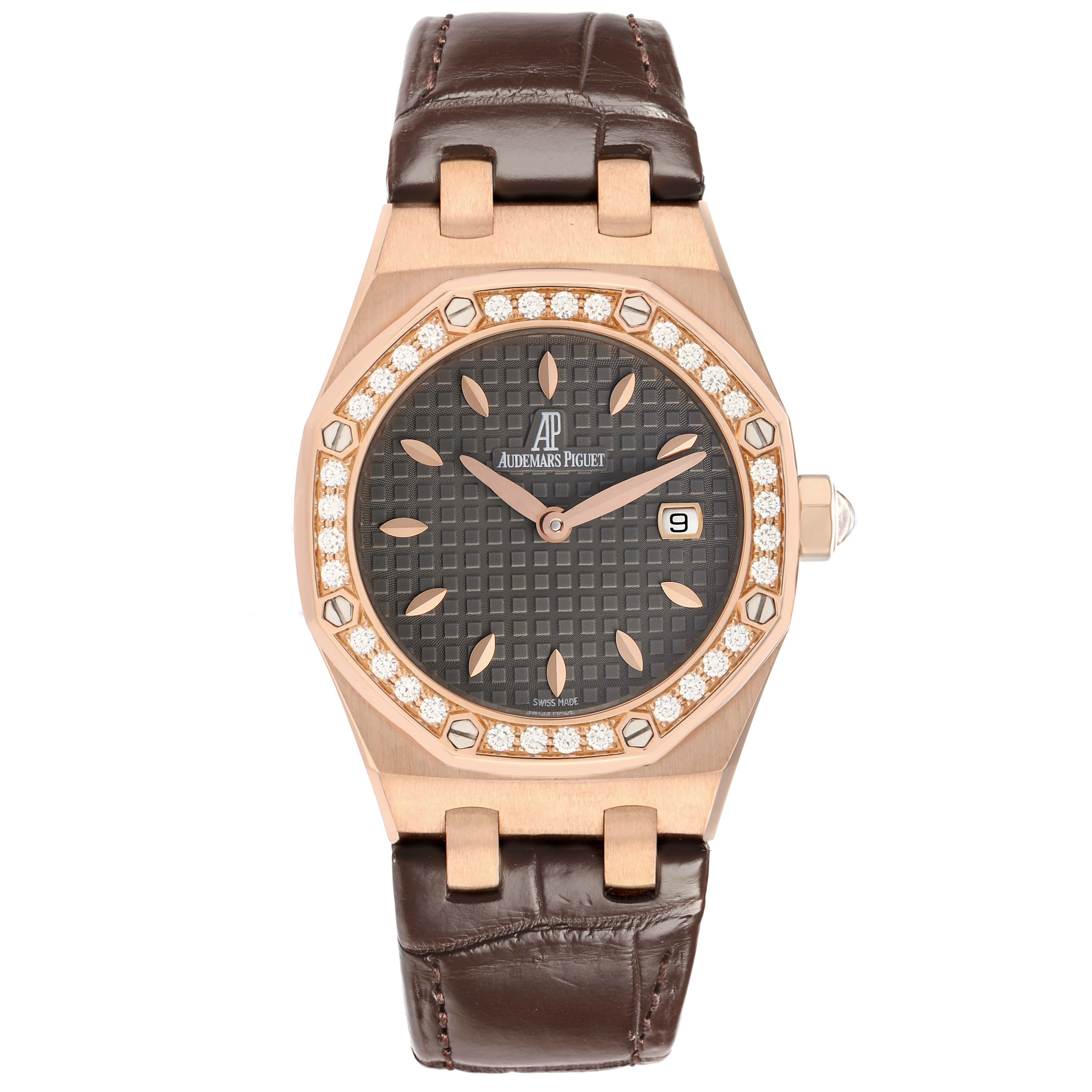 The image shows a frontal view of a Royal Oak model by Audemars Piguet, highlighting its dial, bezel, and leather strap.