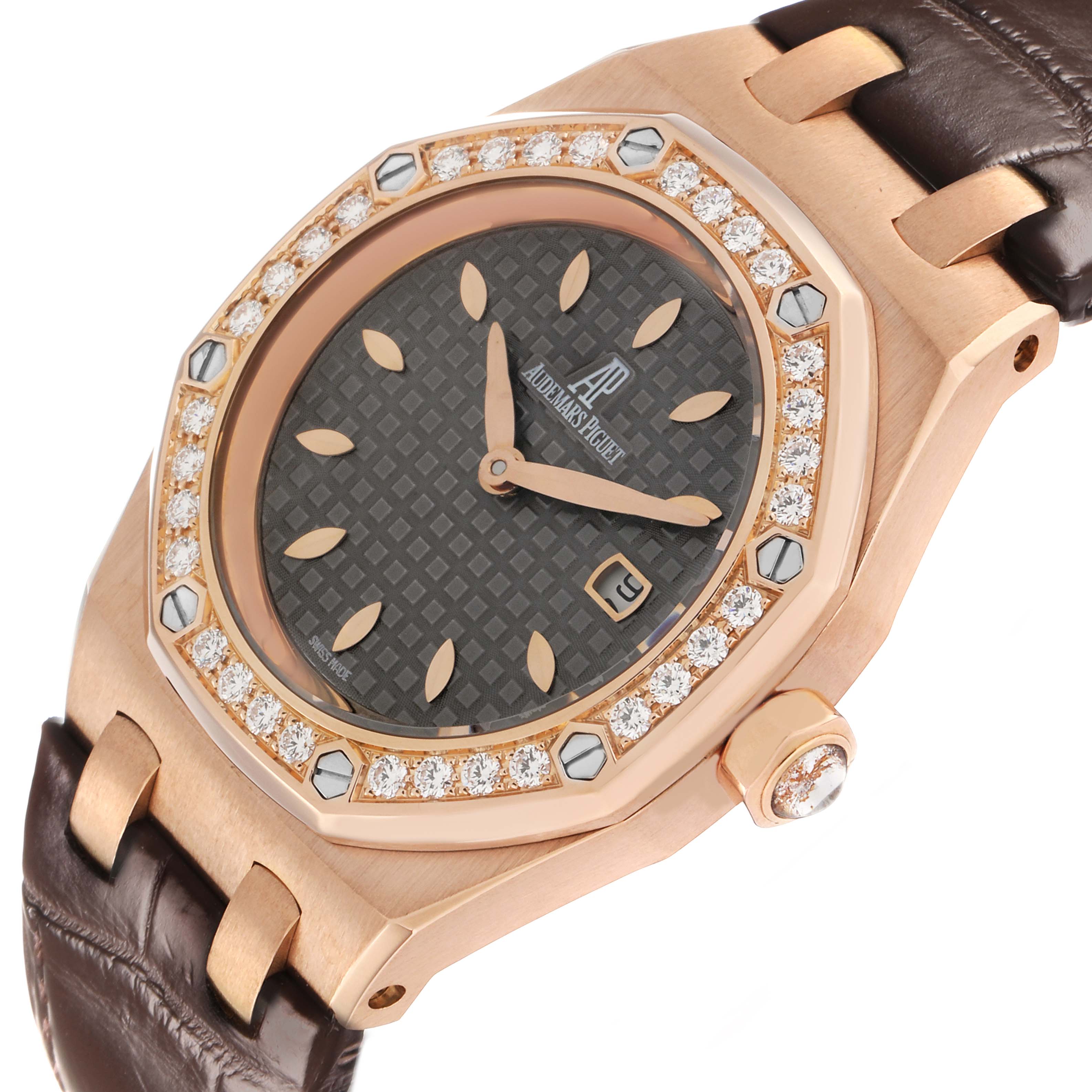 The image shows a close-up angle of the Audemars Piguet Royal Oak 67621OR Women's Rose Gold Grey Dial watch, featuring the bezel, dial, and strap attachment.