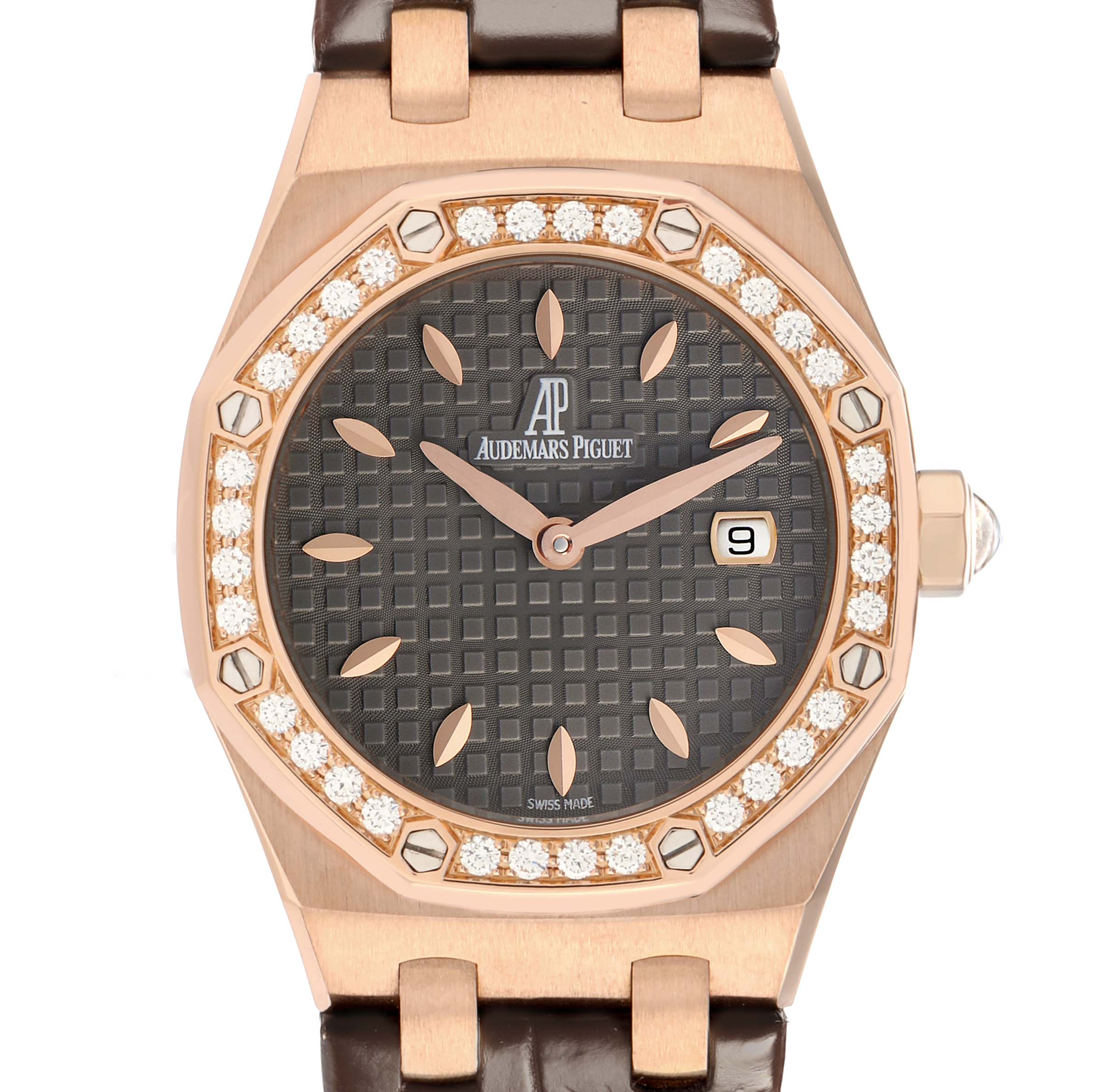 The Audemars Piguet Royal Oak 67621OR Women's Rose Gold Grey Dial watch is shown from the front, displaying its octagonal bezel, textured dial, and leather strap.