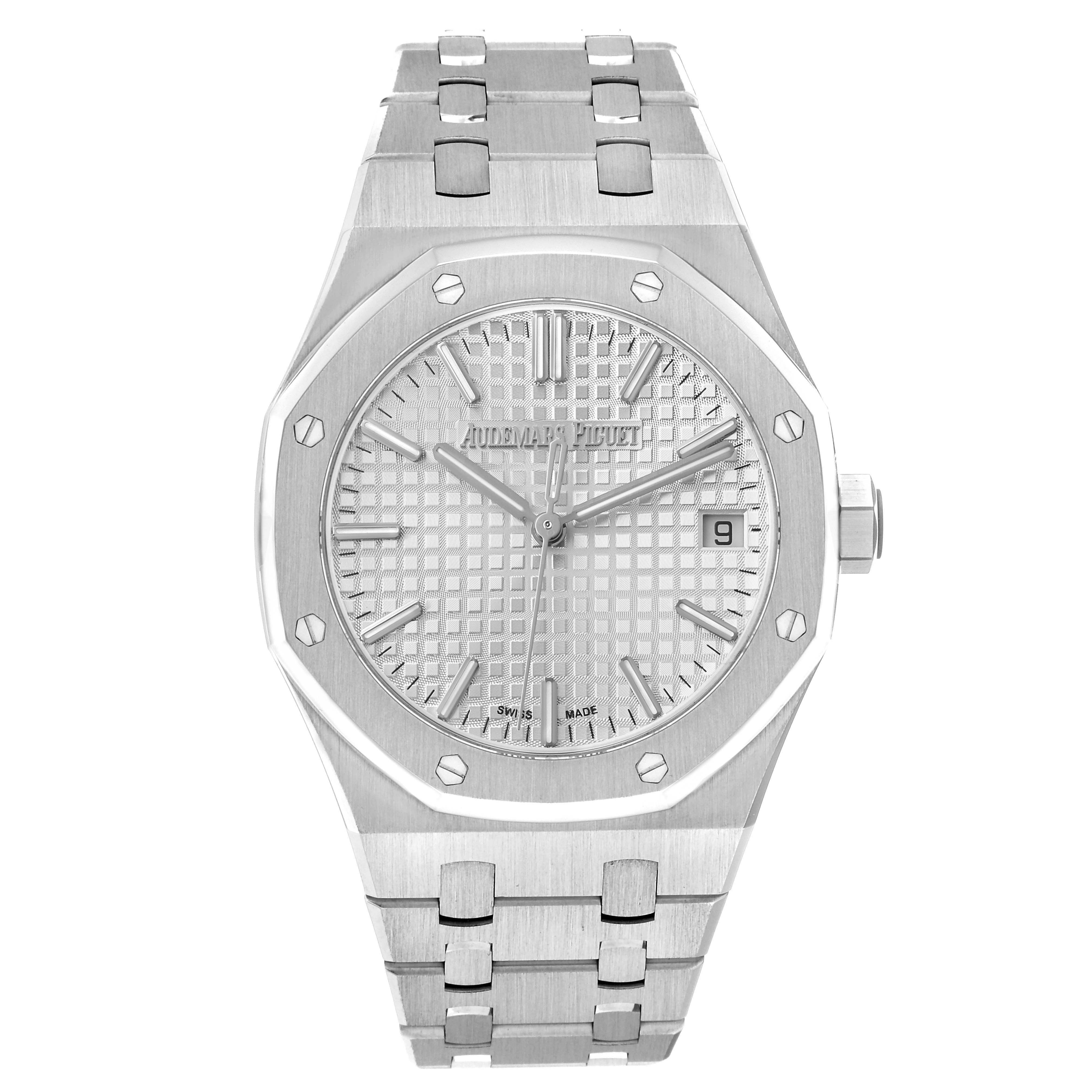 The image shows a front view of an Audemars Piguet Royal Oak 77450ST.OO.1361ST.01 Men's Stainless Steel Silver Dial, highlighting its octagonal bezel, dial, and integrated bracelet.