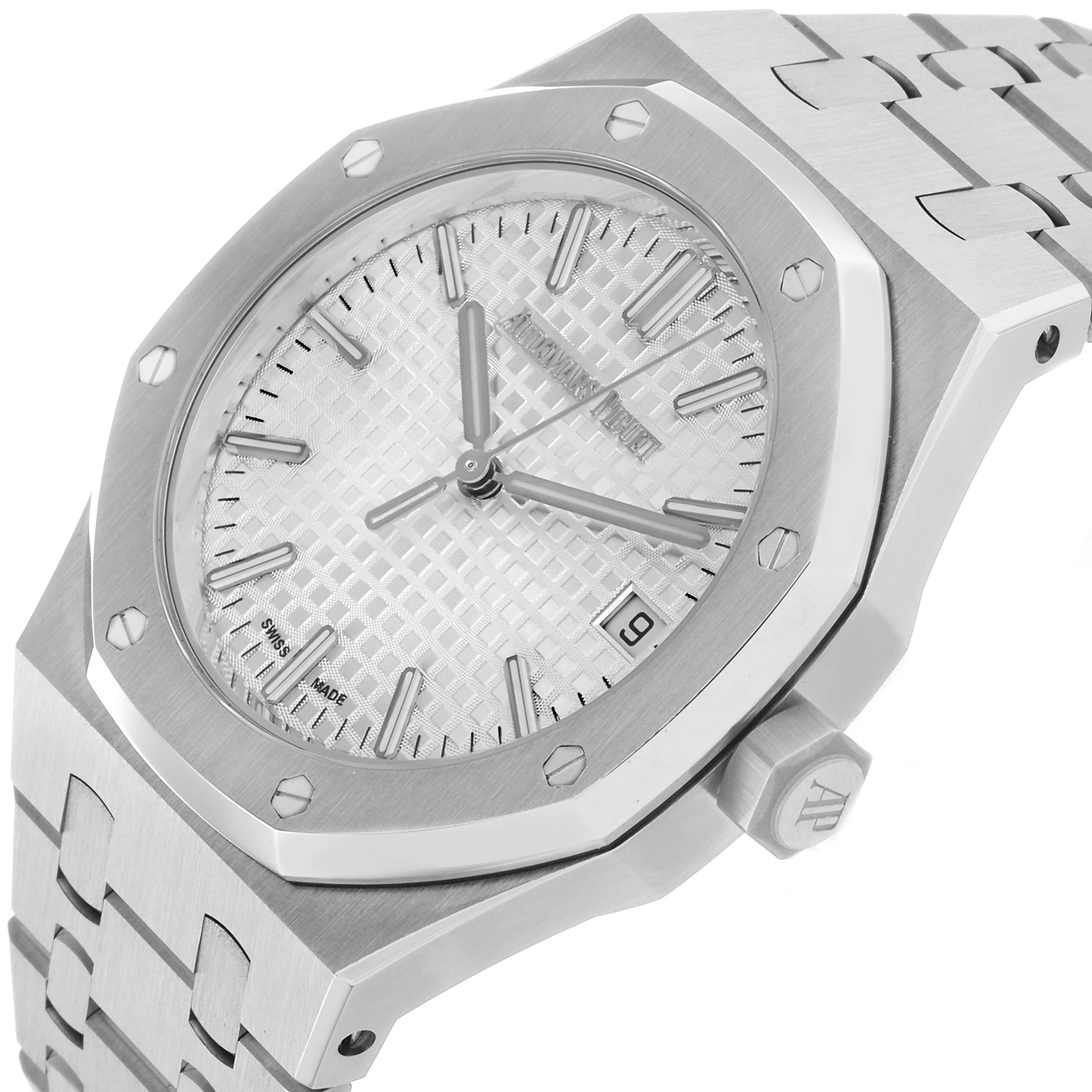 The image shows the Audemars Piguet Royal Oak 77450ST.OO.1361ST.01 Men's Stainless Steel Silver Dial watch at a slight angle, highlighting the dial, octagonal bezel, and integrated bracelet.