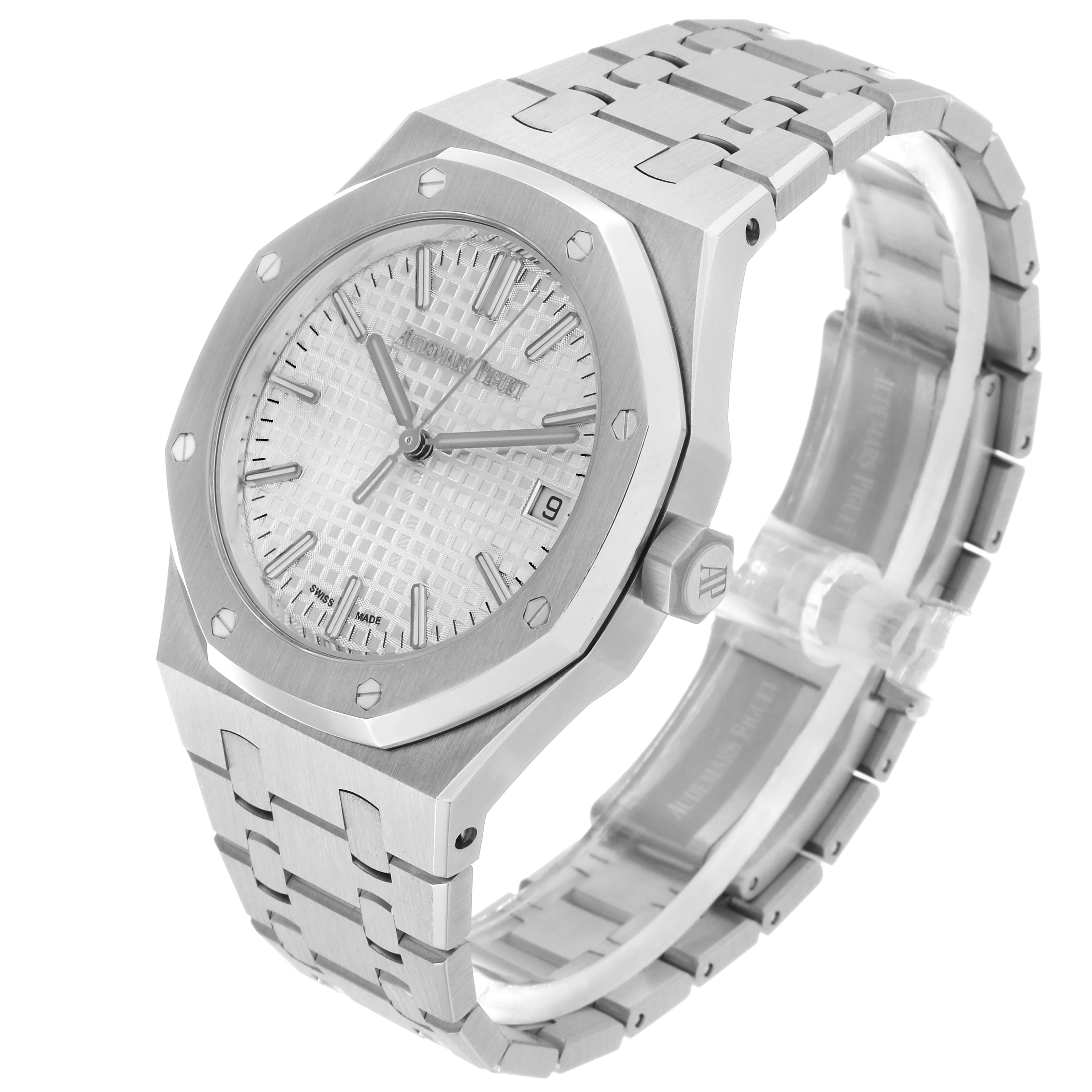 The Audemars Piguet Royal Oak 77450ST.OO.1361ST.01 Men's Stainless Steel Silver Dial watch is shown at a three-quarter angle, highlighting its octagonal bezel, textured dial, and metal bracelet.