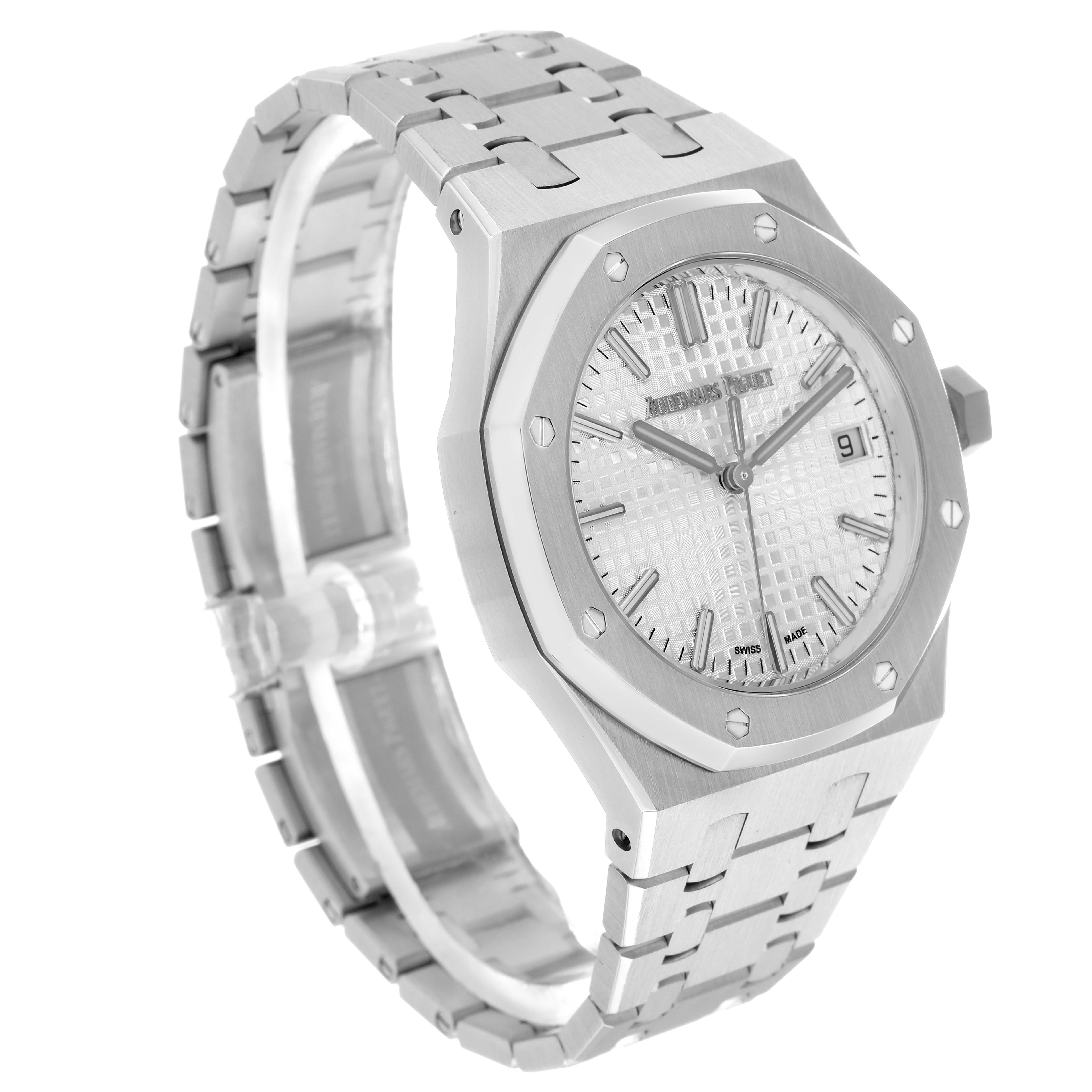 The Audemars Piguet Royal Oak 77450ST.OO.1361ST.01 Men's Stainless Steel Silver Dial watch is angled to show the front dial, bezel, and bracelet with prominent detailing.